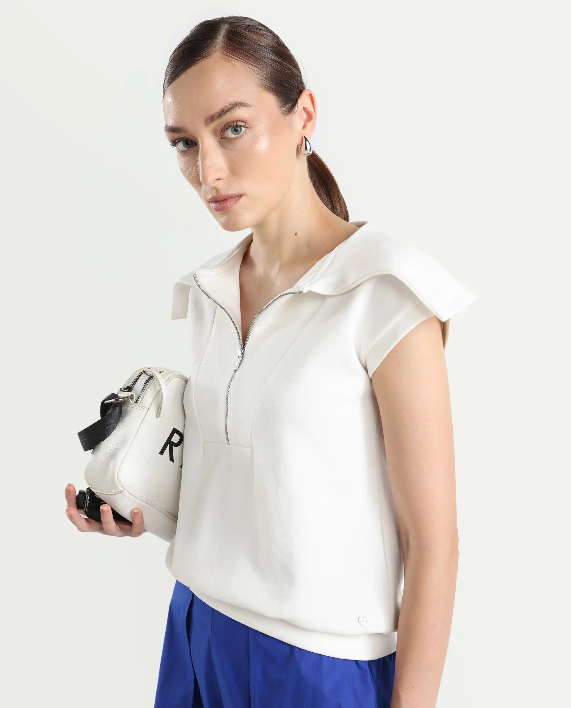 Rareism Women's Sail Off White Cotton Blend Spread Collar Plain Extended Sleeves Relaxed Fit Sweatshirt