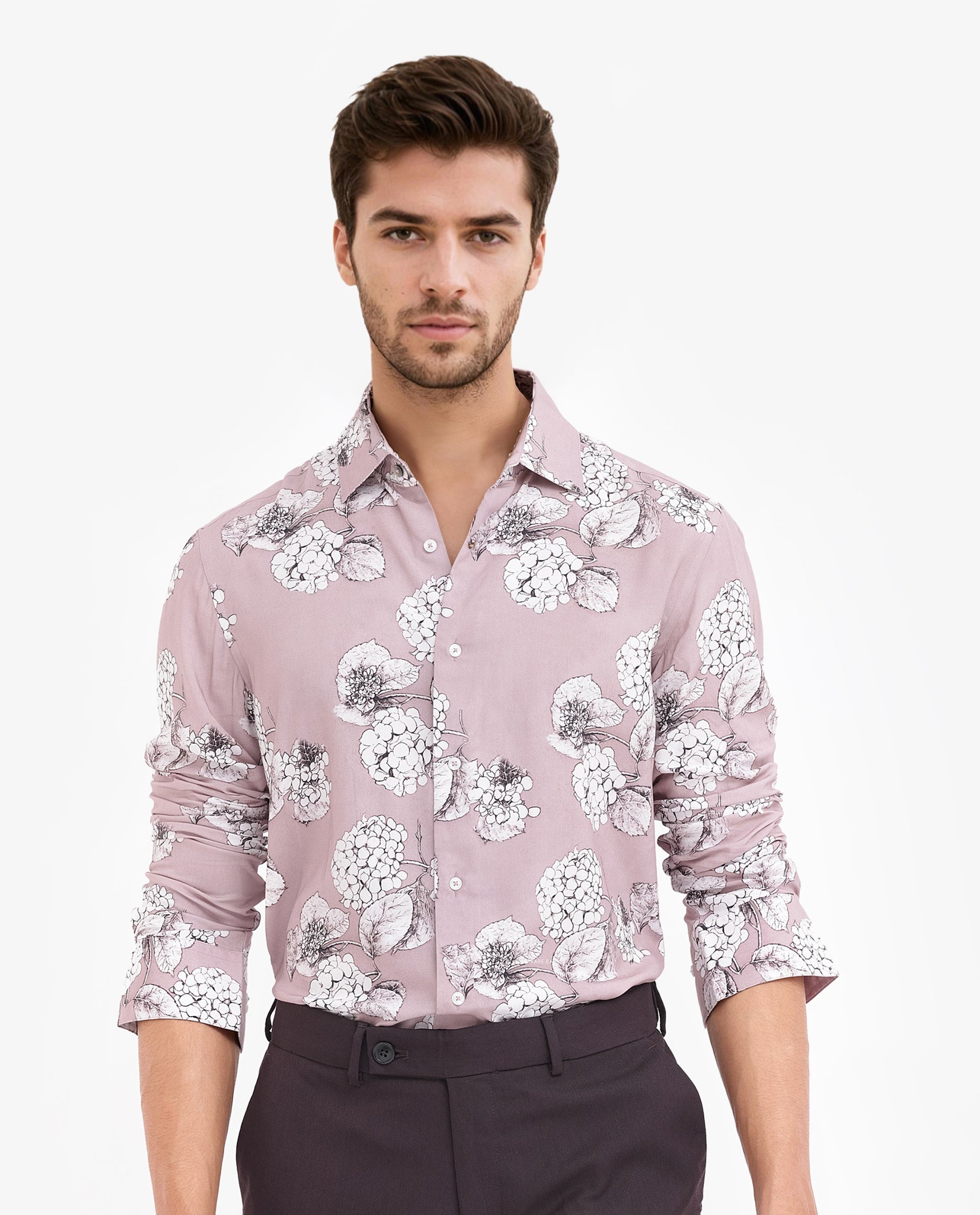 Rare Rabbit Men's Sakon Dusky Pink Viscose Fabric Full Sleeves Floral Print Shirt