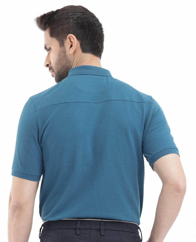 Rare Rabbit Mens Salis-2 Teal Cotton Fabric Collared Neck Zipper And Snap Button Closure Half Sleeves Polo T-Shirt