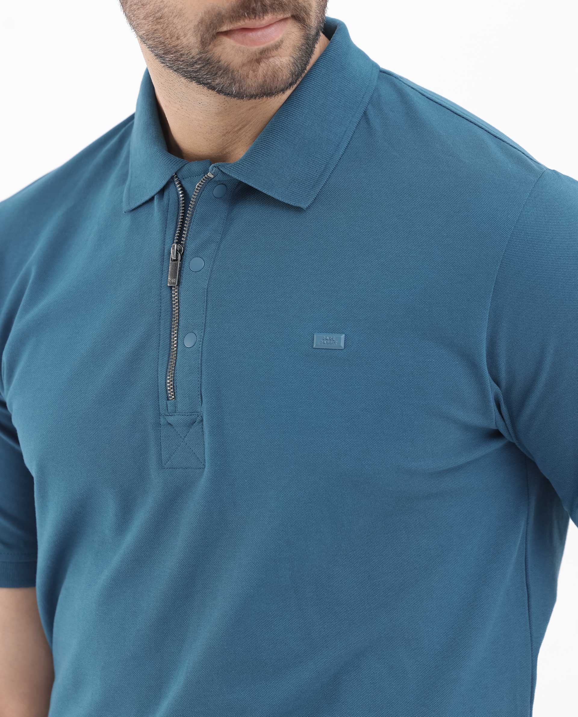 Rare Rabbit Mens Salis-2 Teal Cotton Fabric Collared Neck Zipper And Snap Button Closure Half Sleeves Polo T-Shirt
