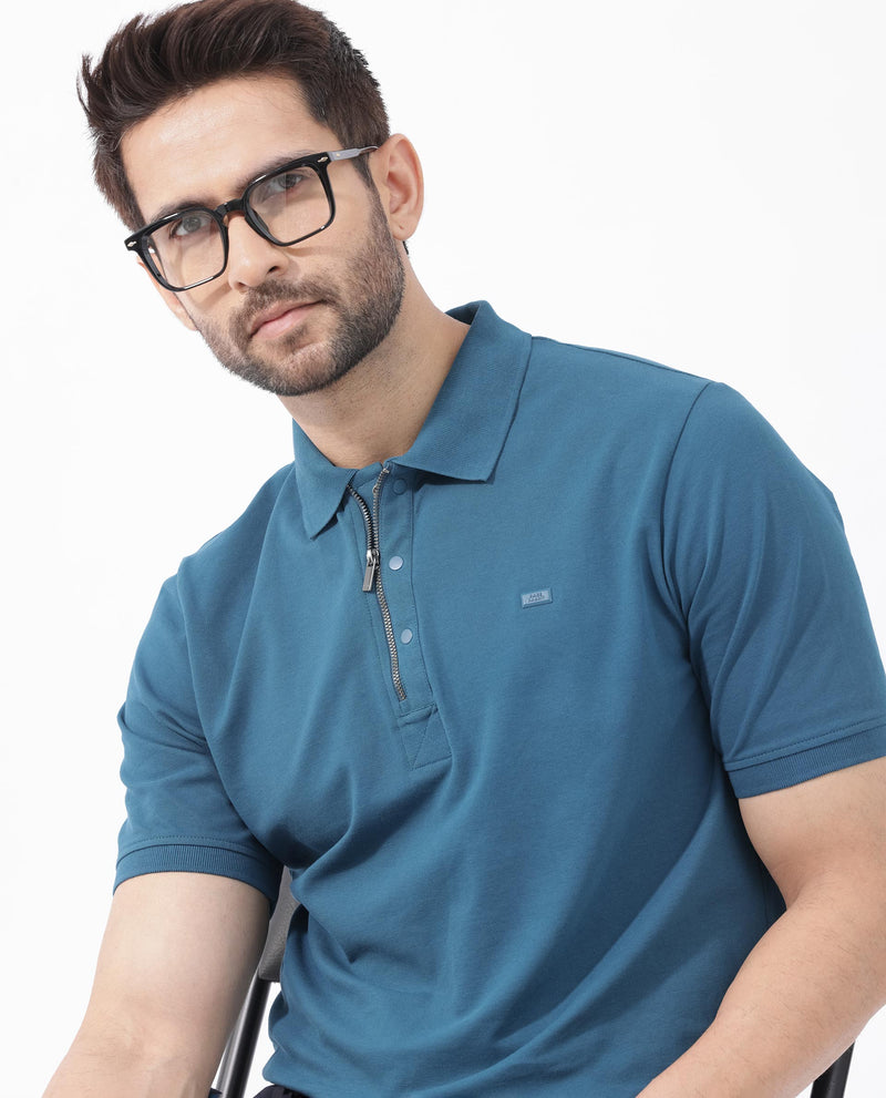 Rare Rabbit Mens Salis-2 Teal Cotton Fabric Collared Neck Zipper And Snap Button Closure Half Sleeves Polo T-Shirt