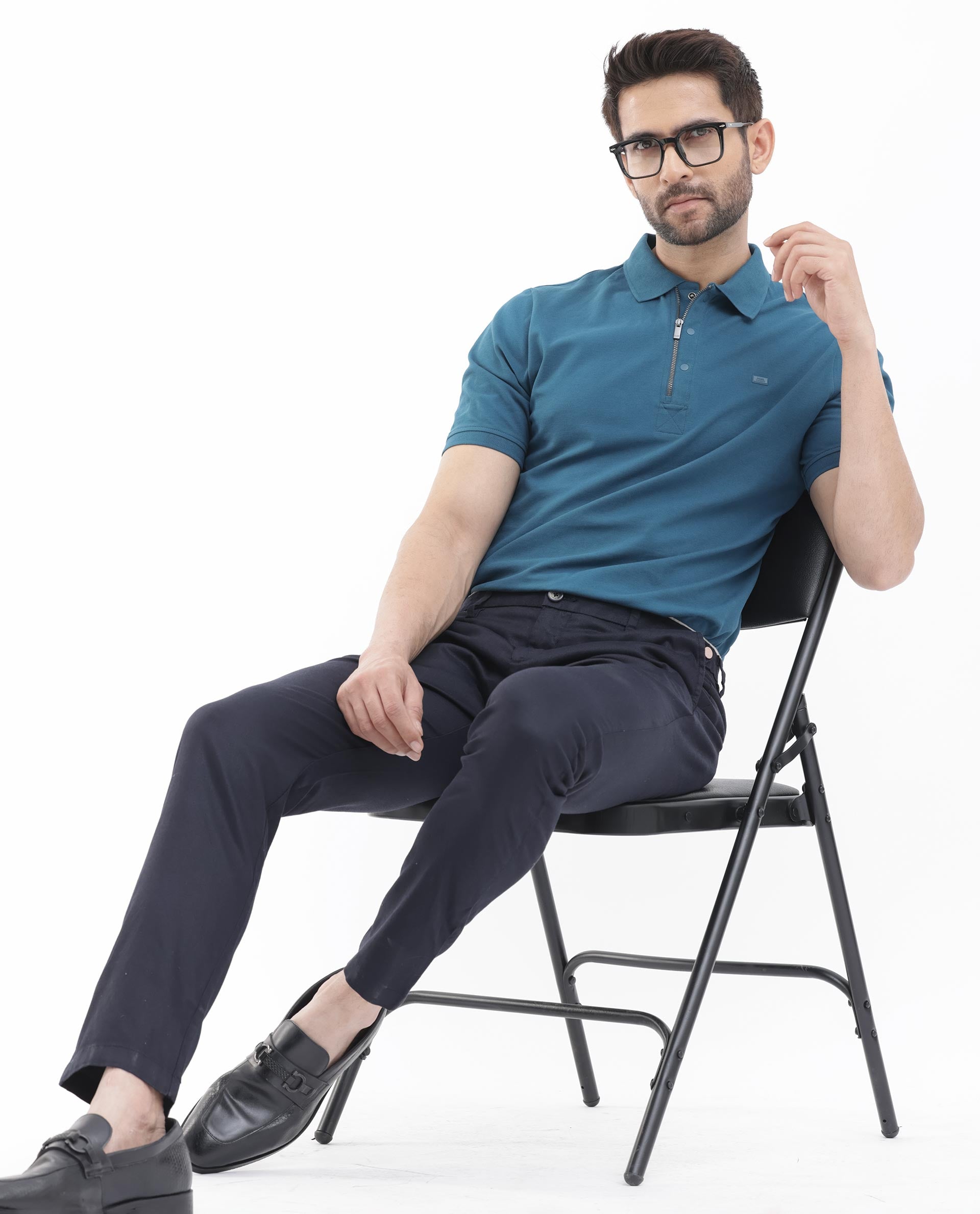 Rare Rabbit Mens Salis-2 Teal Cotton Fabric Collared Neck Zipper And Snap Button Closure Half Sleeves Polo T-Shirt