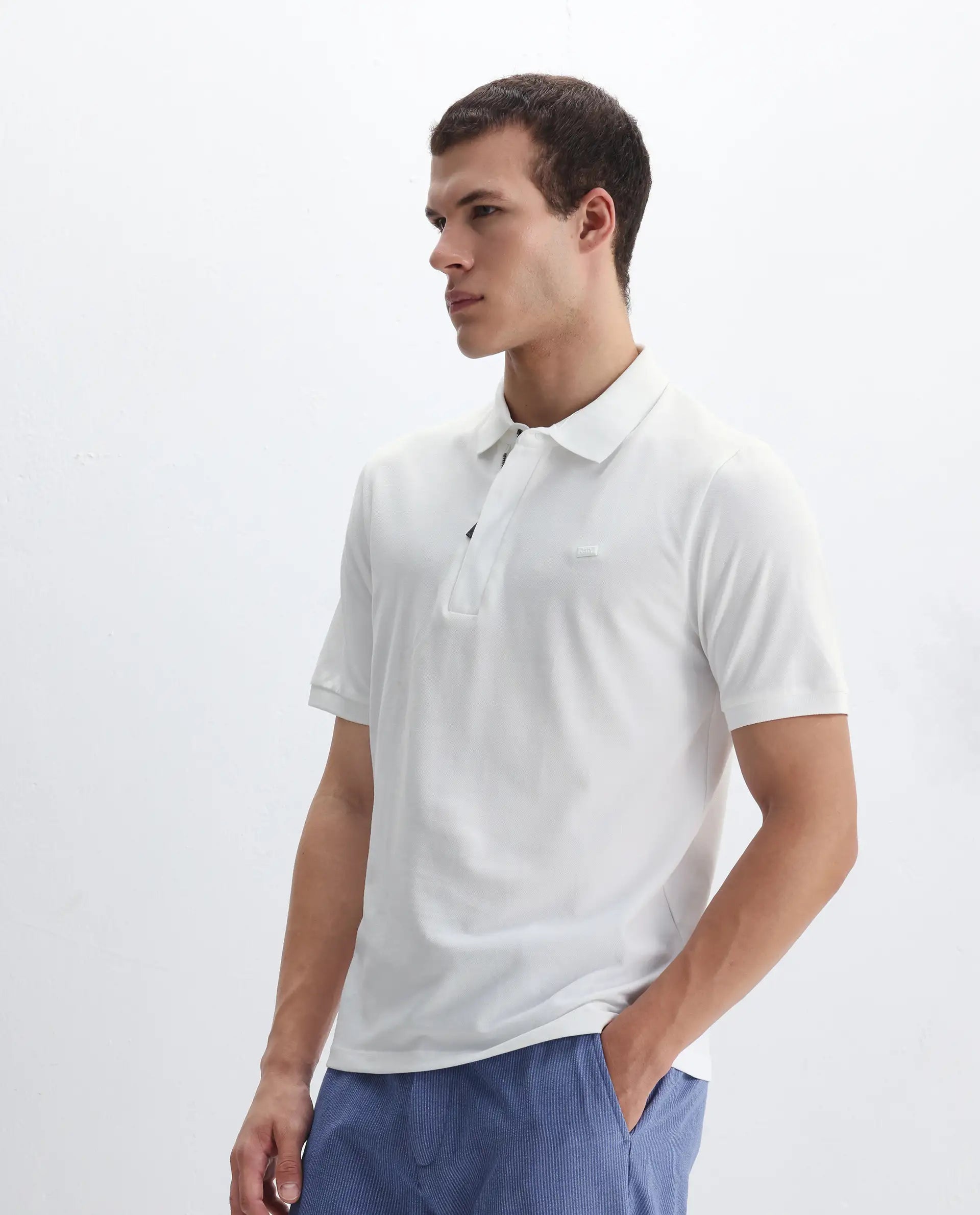 Rare Rabbit Men's Salis-2 White Cotton Plain Regular Fit Half Sleeve Polo