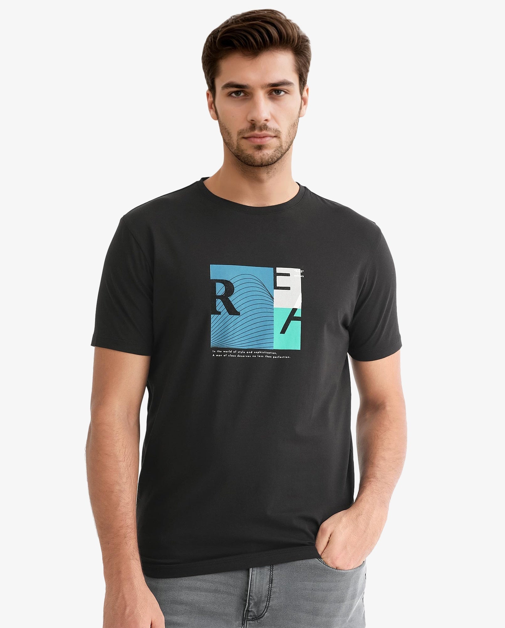 Rare Rabbit Men's Salta Black Crew Neck Half Sleeves Regular Fit Flock Branding Graphic Print T-Shirt