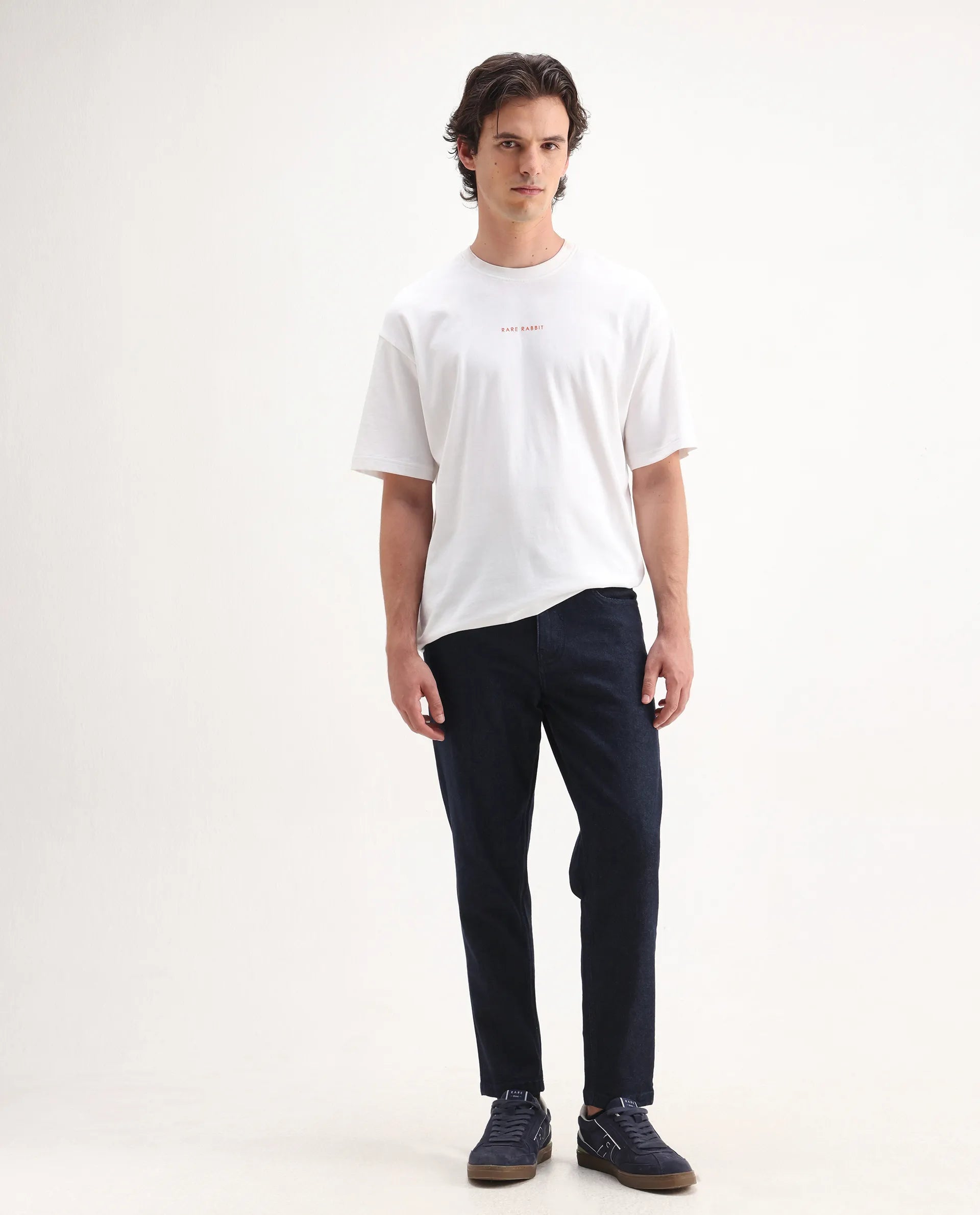 Rare Rabbit Men's Sam Dark Blue Cotton Plain Kurt Carrot Fit Jeans