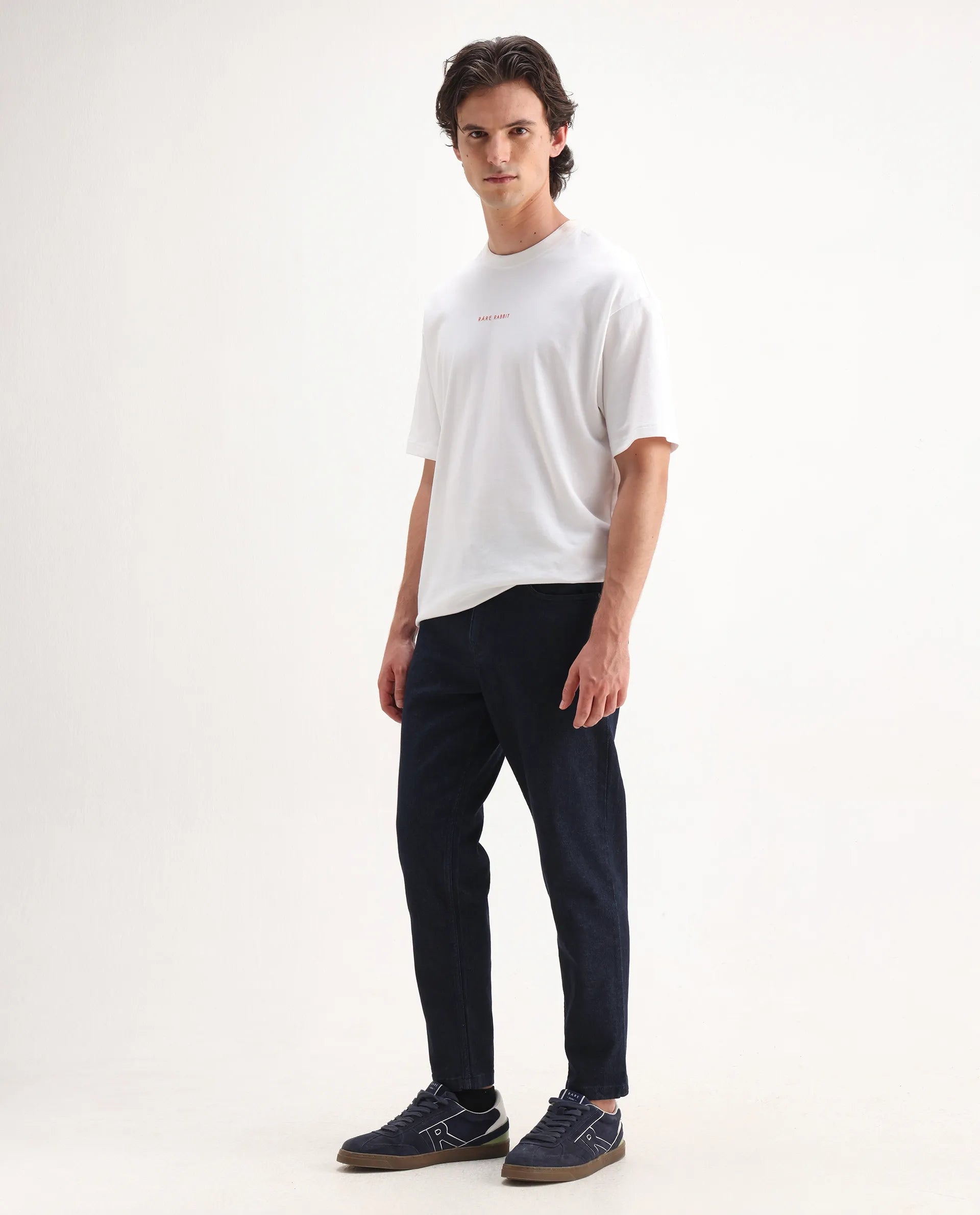 Rare Rabbit Men's Sam Dark Blue Cotton Plain Kurt Carrot Fit Jeans