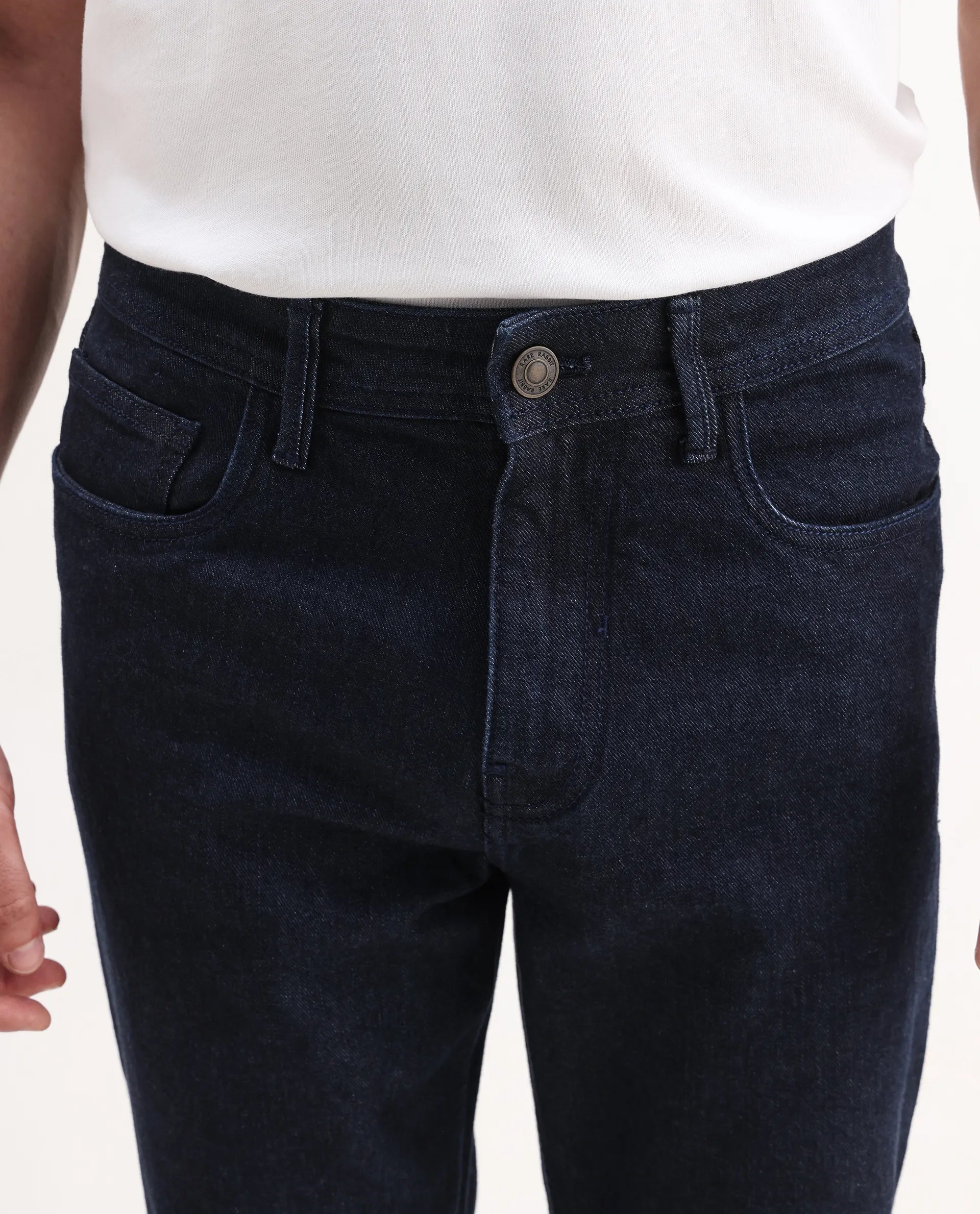 Rare Rabbit Men's Sam Dark Blue Cotton Plain Kurt Carrot Fit Jeans