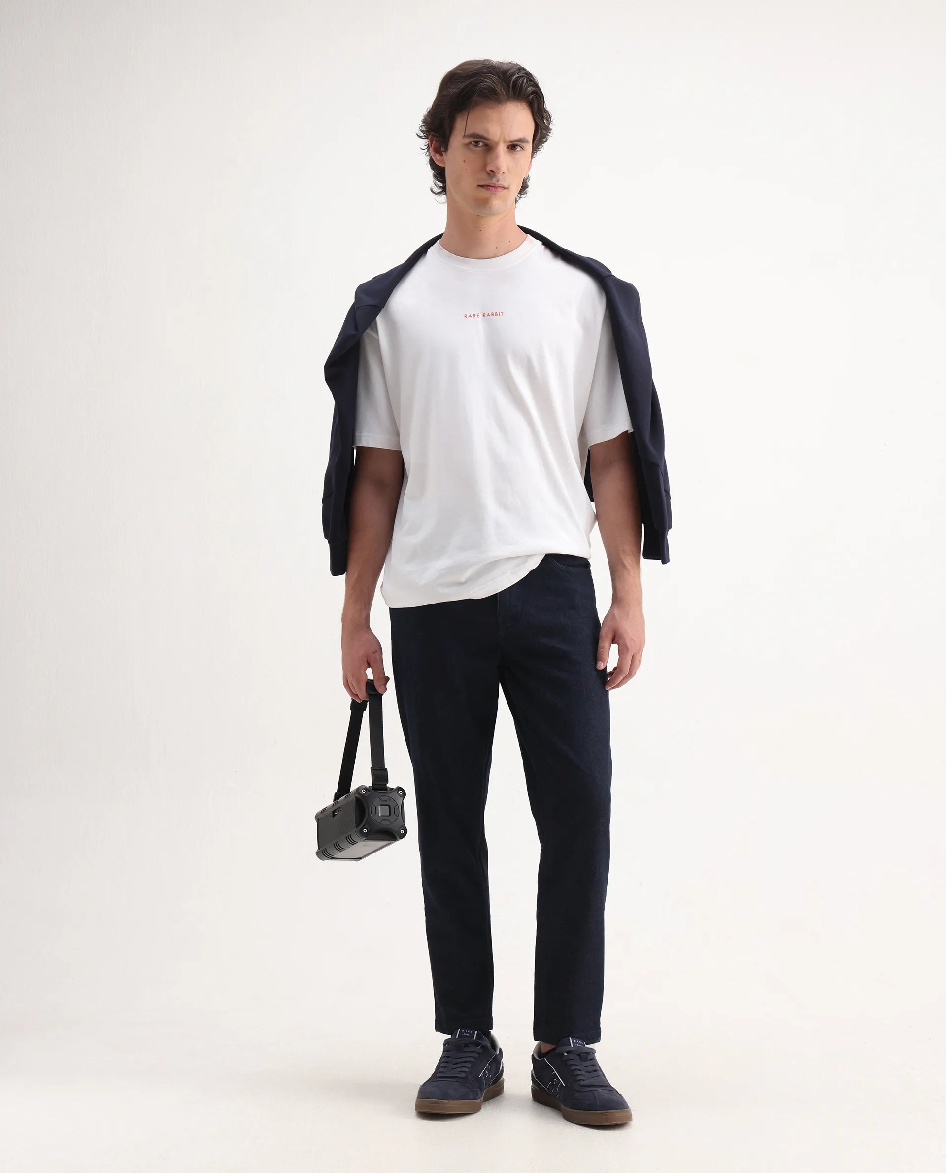 Rare Rabbit Men's Sam Dark Blue Cotton Plain Kurt Carrot Fit Jeans