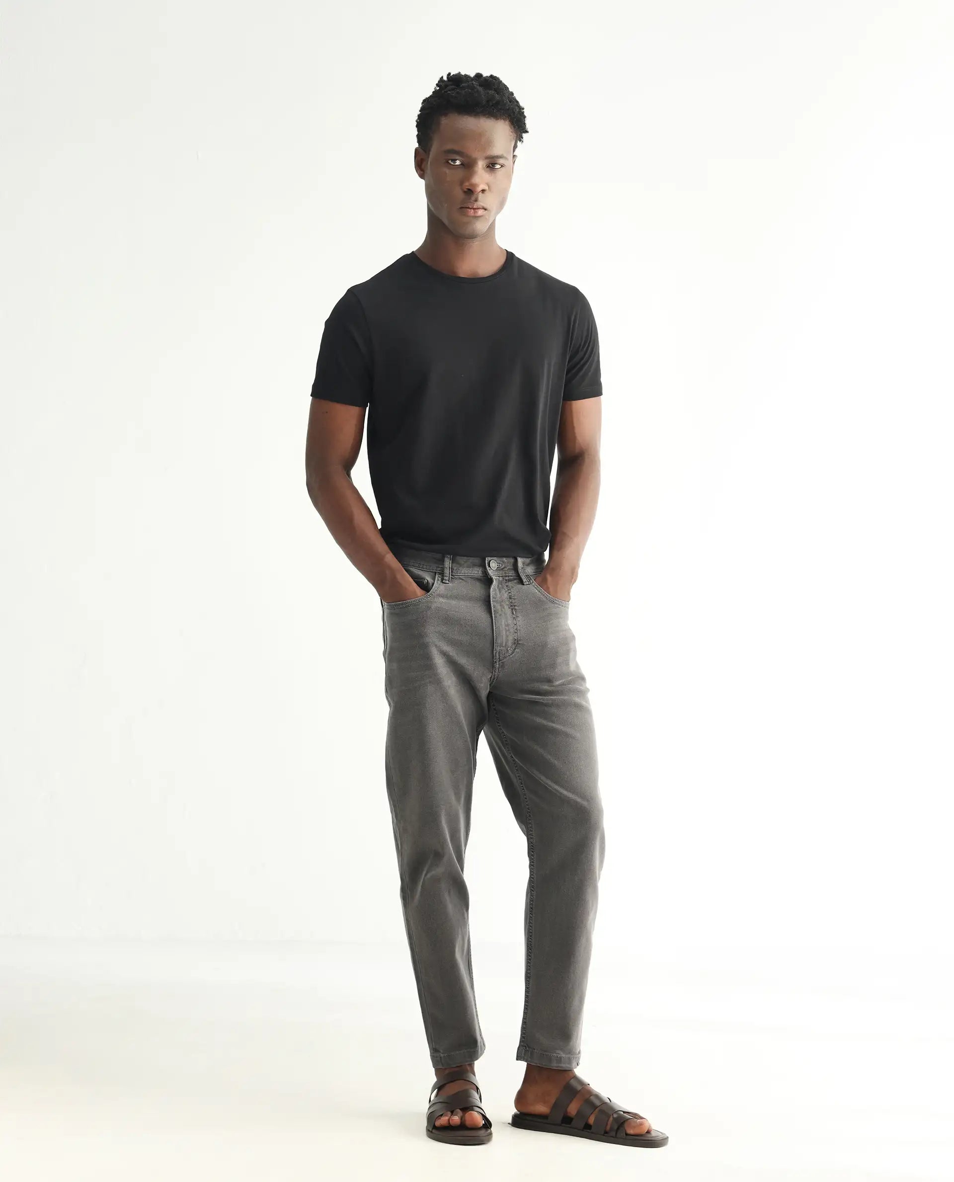 Rare Rabbit Men's Sam Grey Cotton Plain Kurt Carrot Fit Jeans