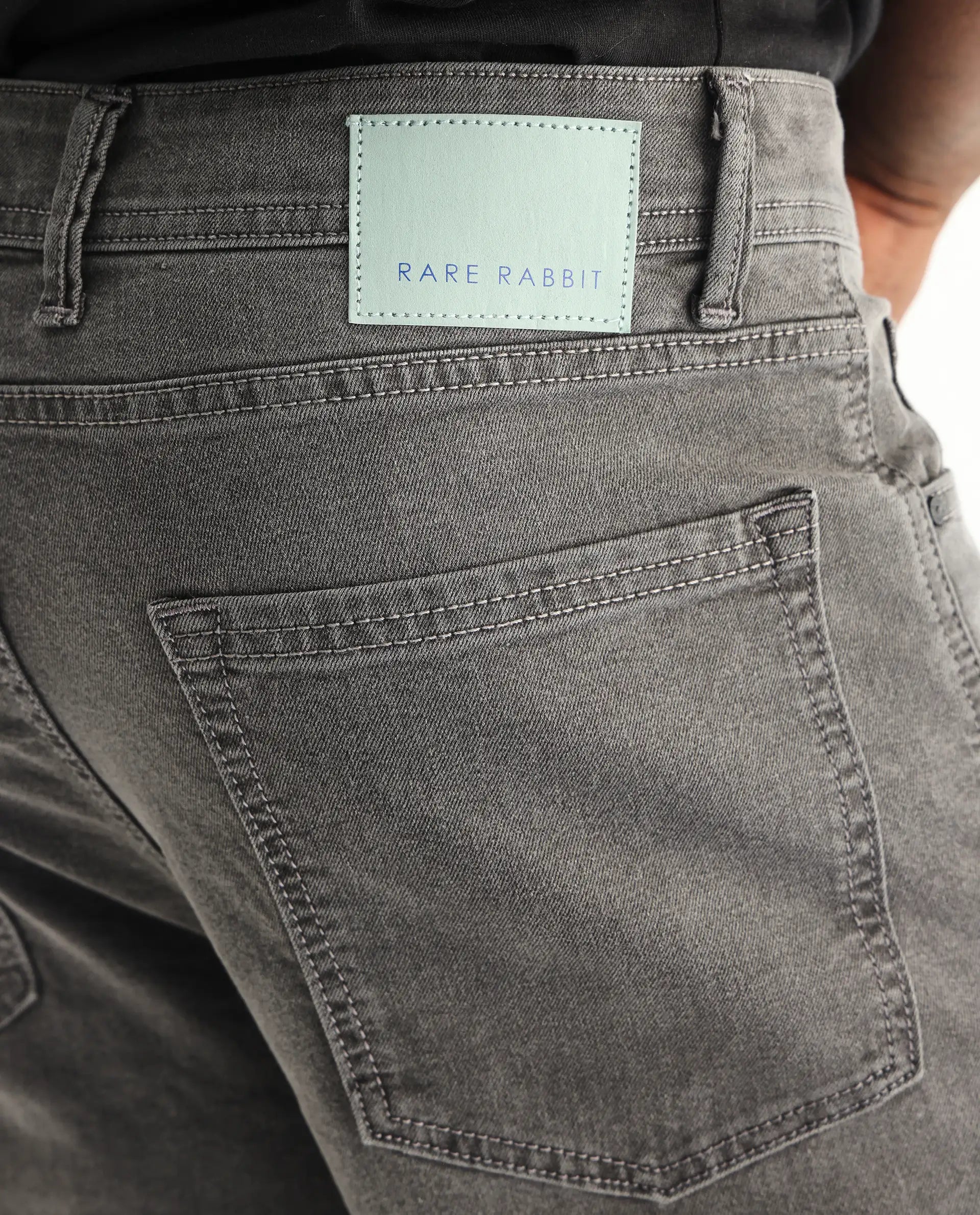 Rare Rabbit Men's Sam Grey Cotton Plain Kurt Carrot Fit Jeans