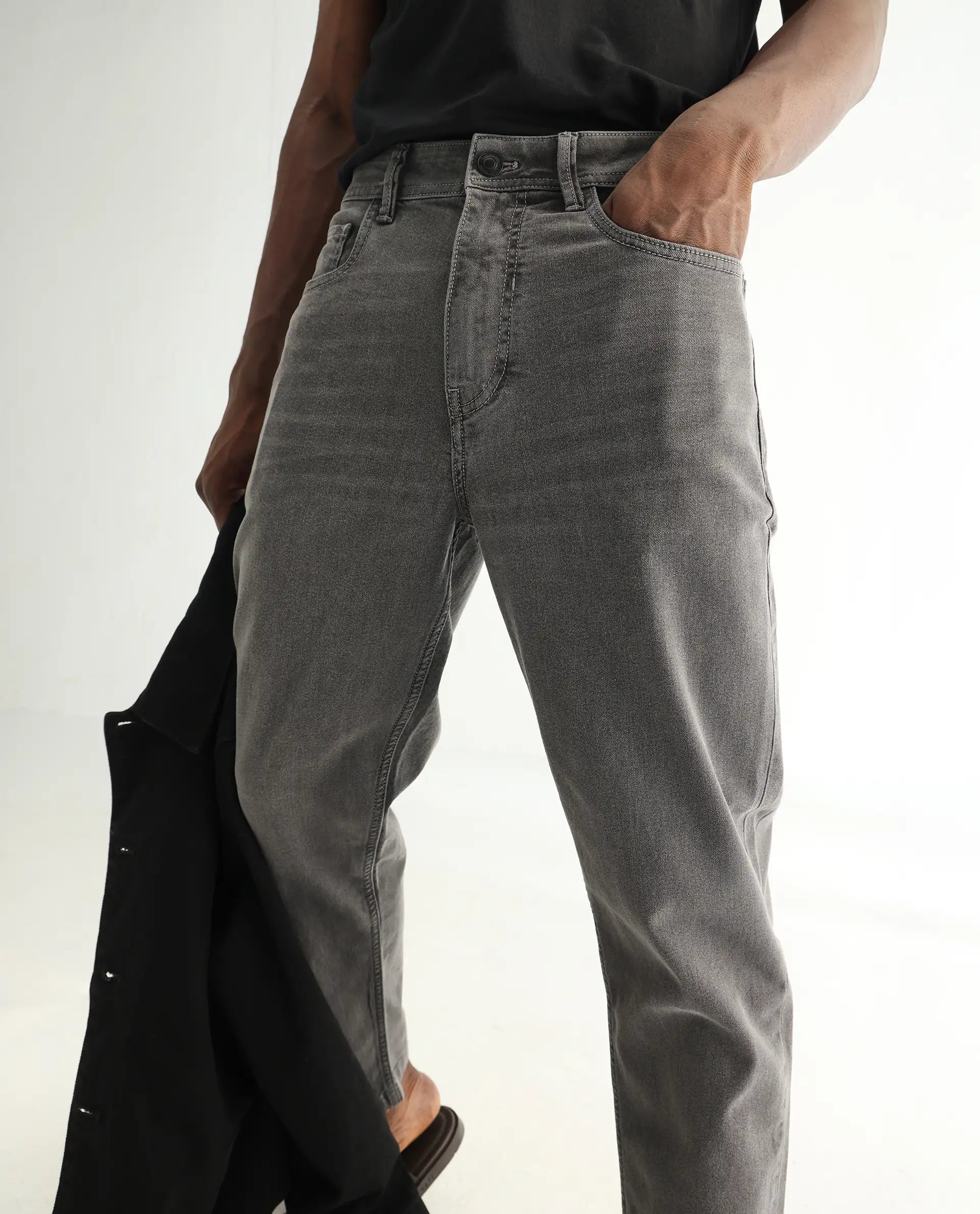 Rare Rabbit Men's Sam Grey Cotton Plain Kurt Carrot Fit Jeans