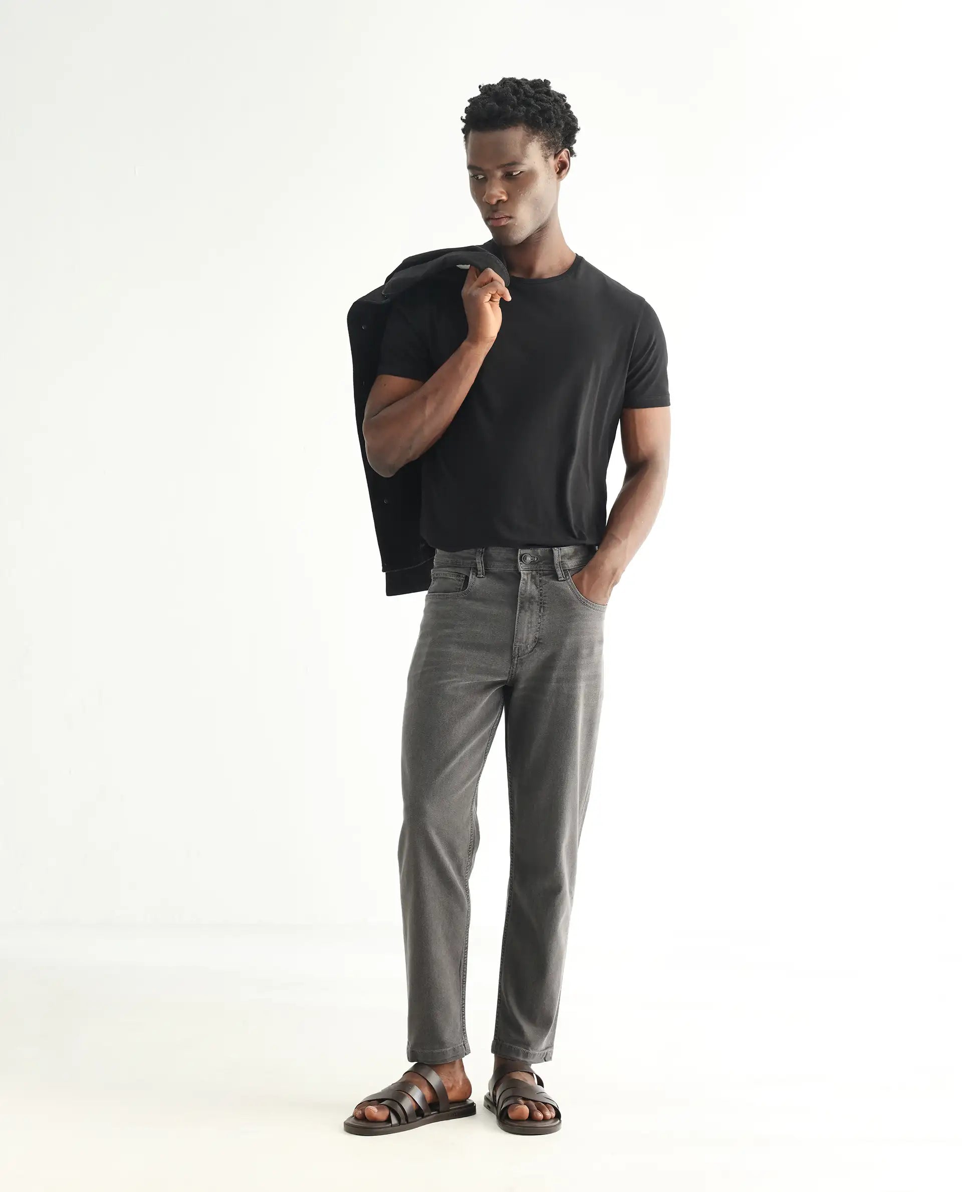 Rare Rabbit Men's Sam Grey Cotton Plain Kurt Carrot Fit Jeans