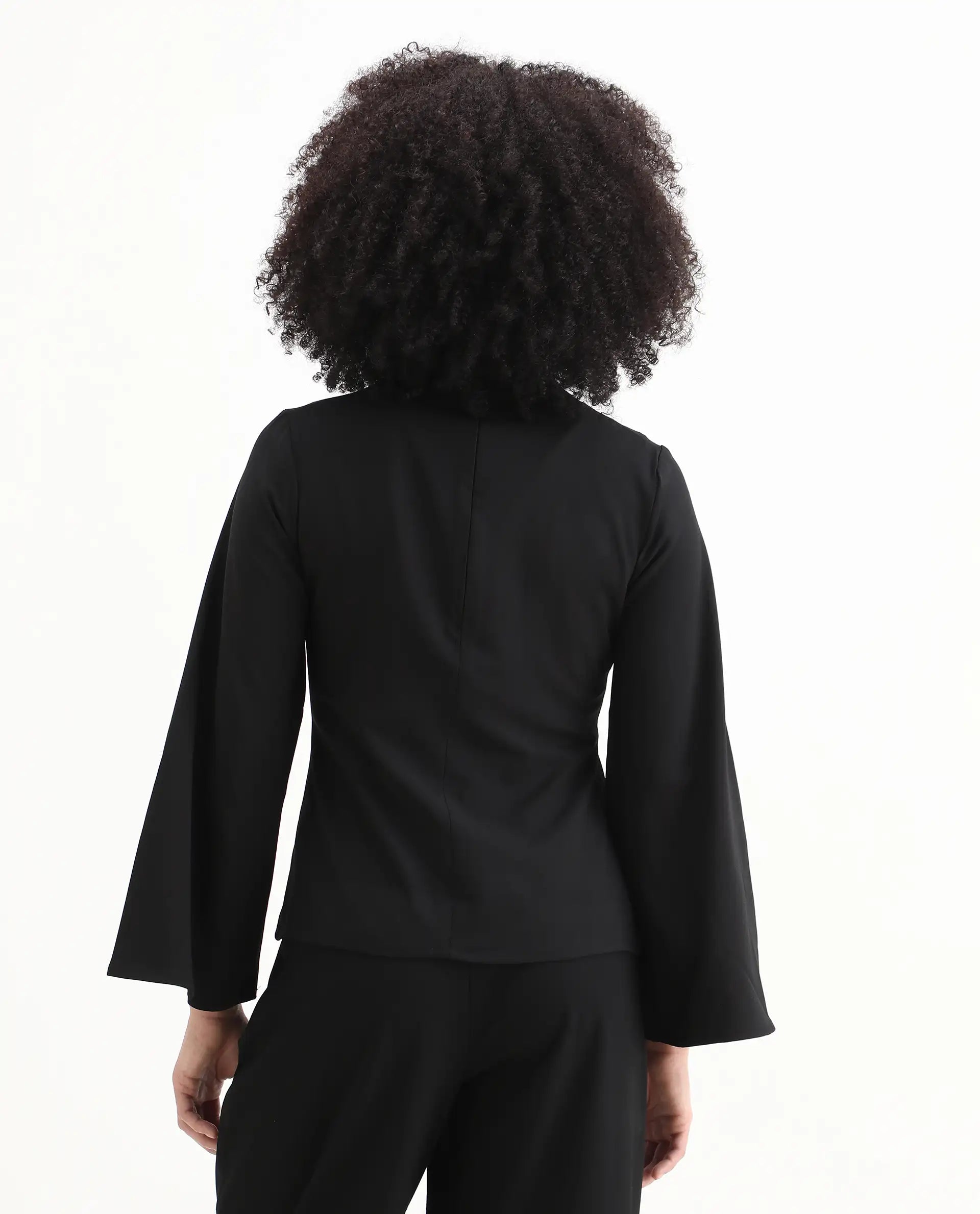 Rareism Women's Sanchiyi Black Twill V-Neck Color Block Regular Fitted Top