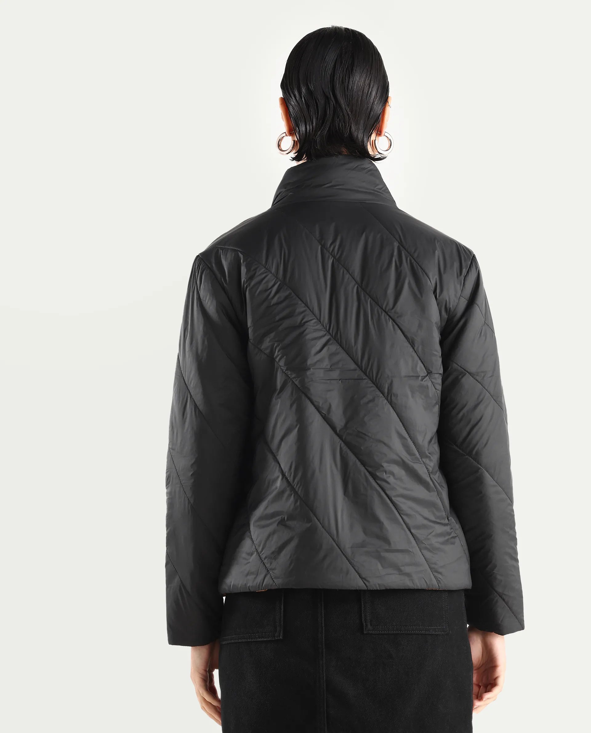 Rareism Women's Sapell Black Stand Collar Monogram Print Boxy Fit Jacket