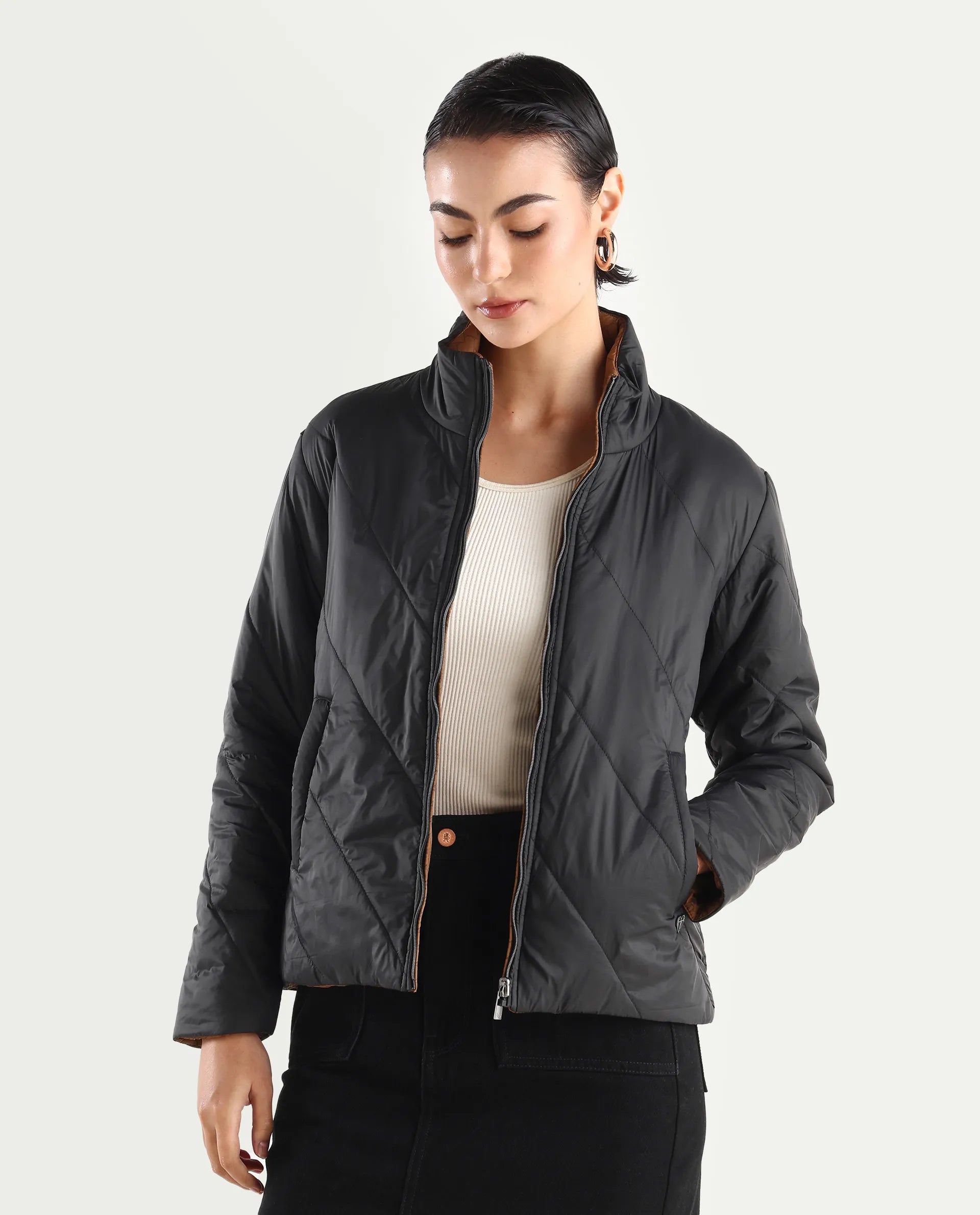 Rareism Women's Sapell Black Stand Collar Monogram Print Boxy Fit Jacket