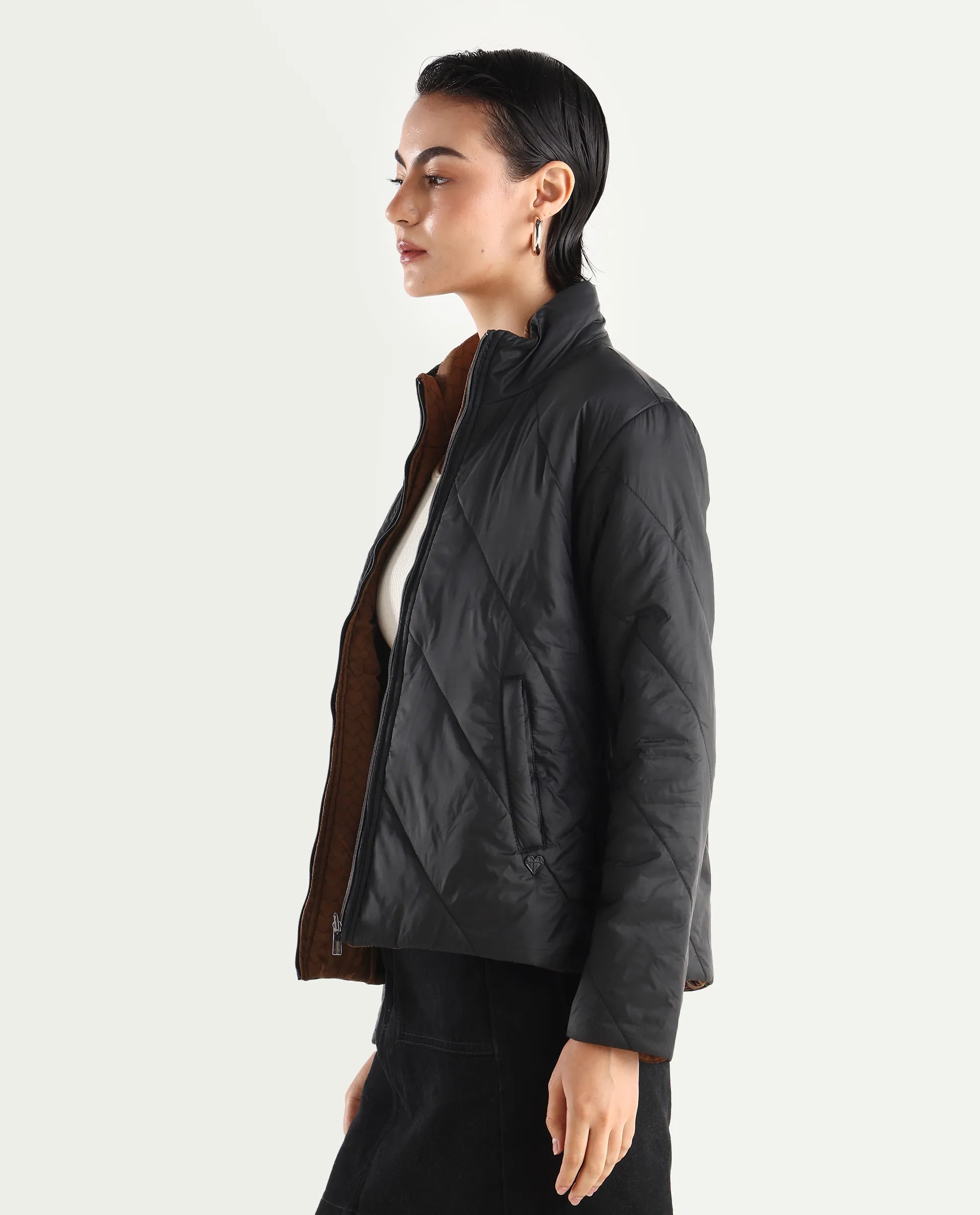 Rareism Women's Sapell Black Stand Collar Monogram Print Boxy Fit Jacket