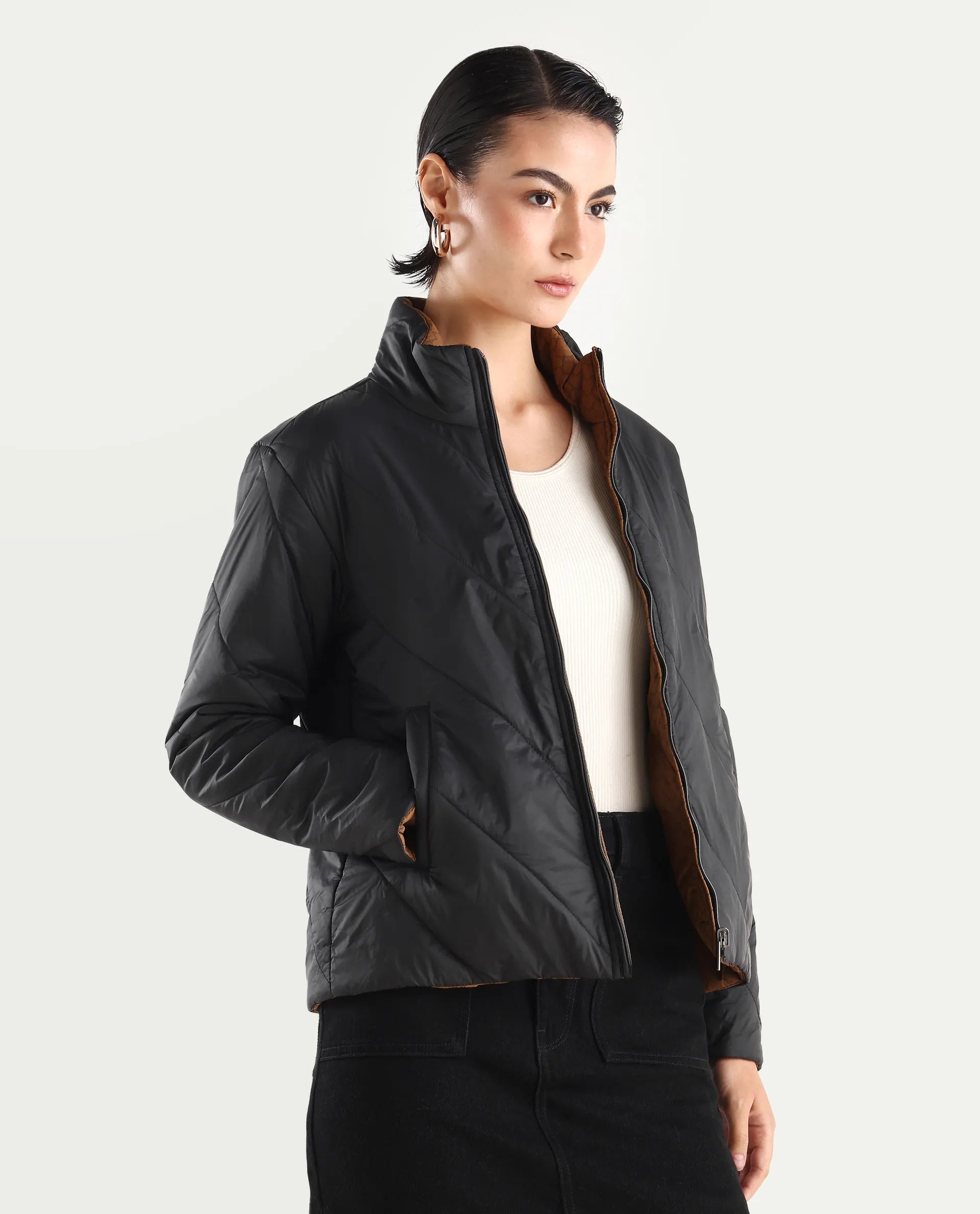 Rareism Women's Sapell Black Stand Collar Monogram Print Boxy Fit Jacket