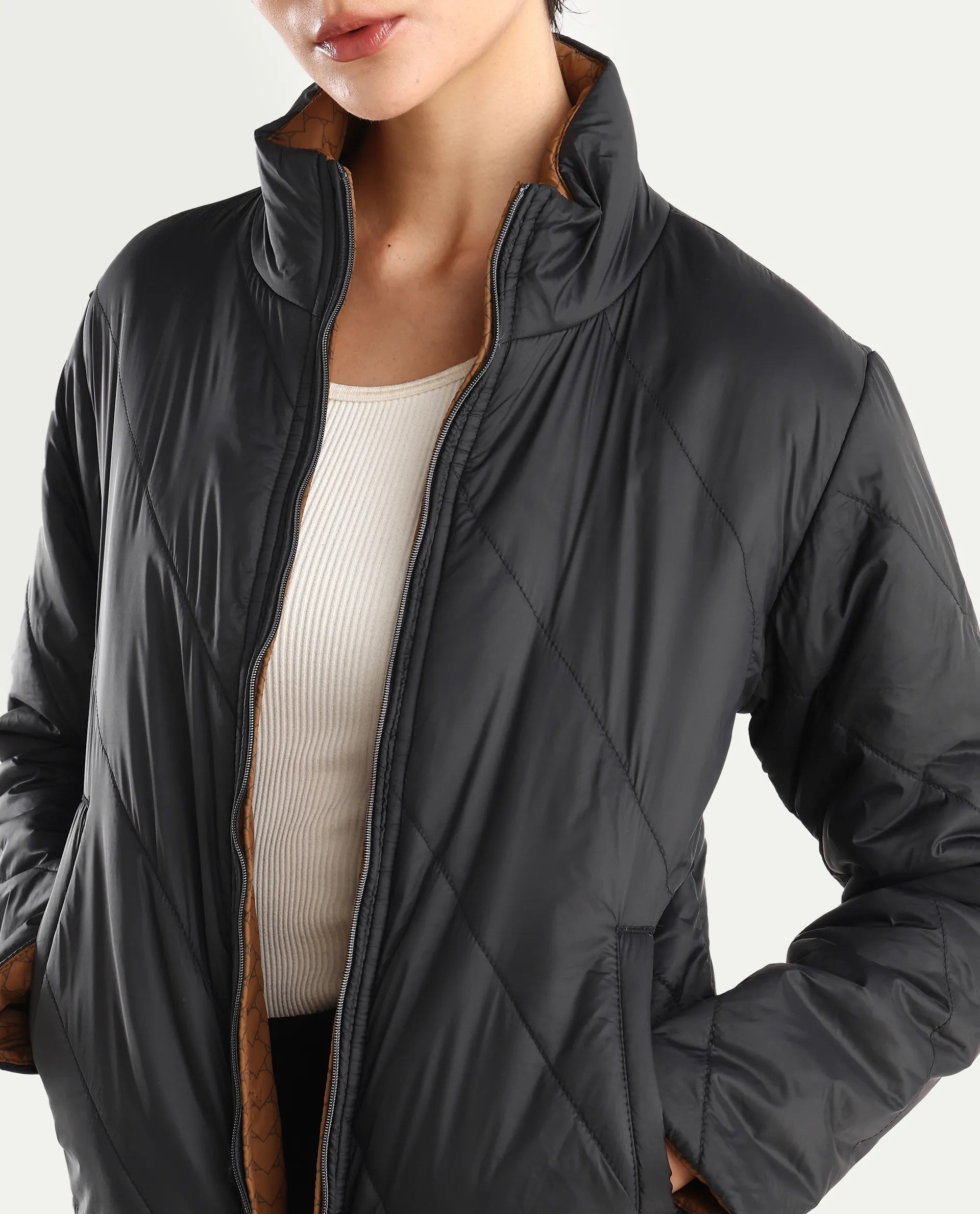 Rareism Women's Sapell Black Stand Collar Monogram Print Boxy Fit Jacket