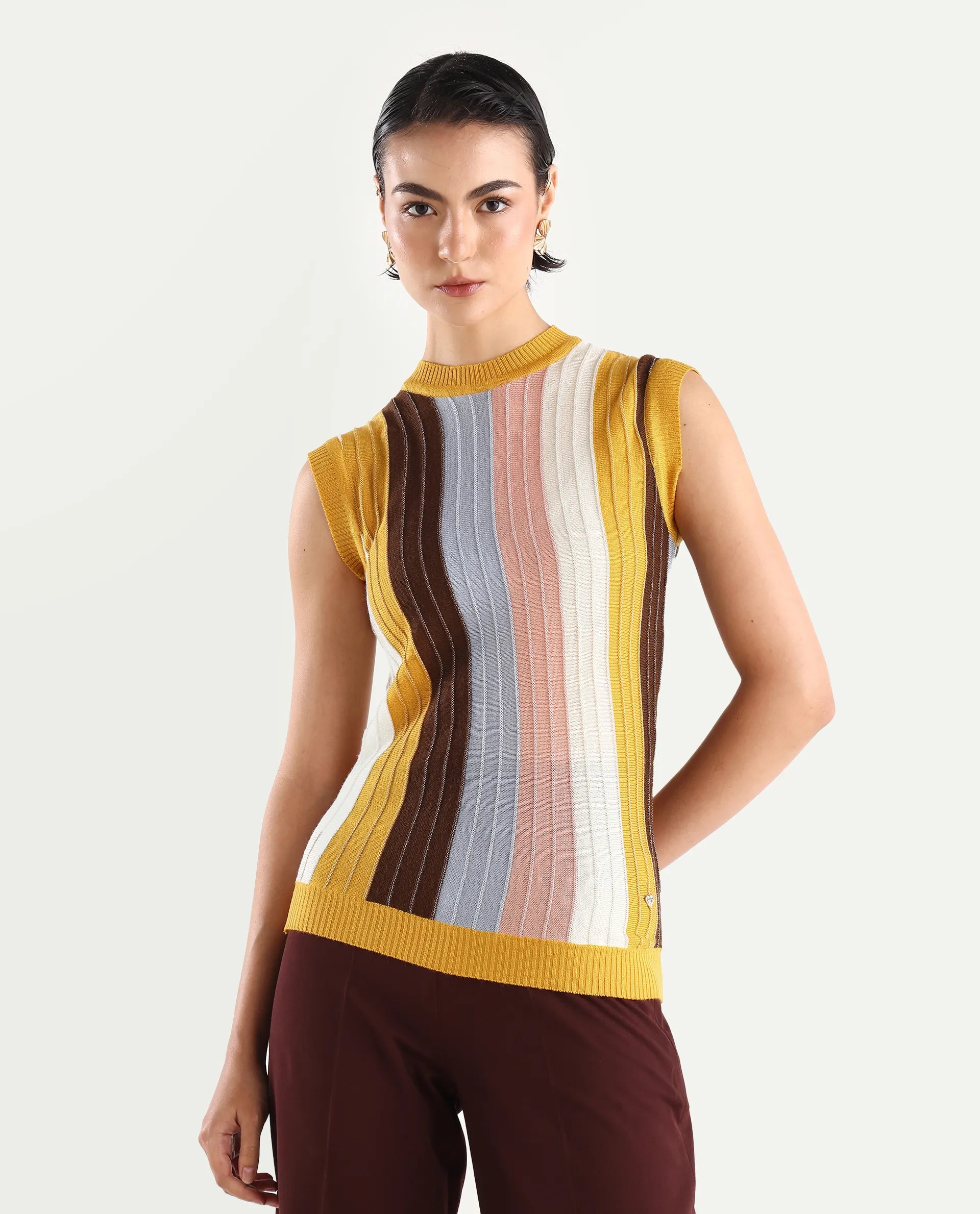 Rareism Women's Saronara Multi Acrylic Crew Neck Striped Sleeveless Regular Fit Top