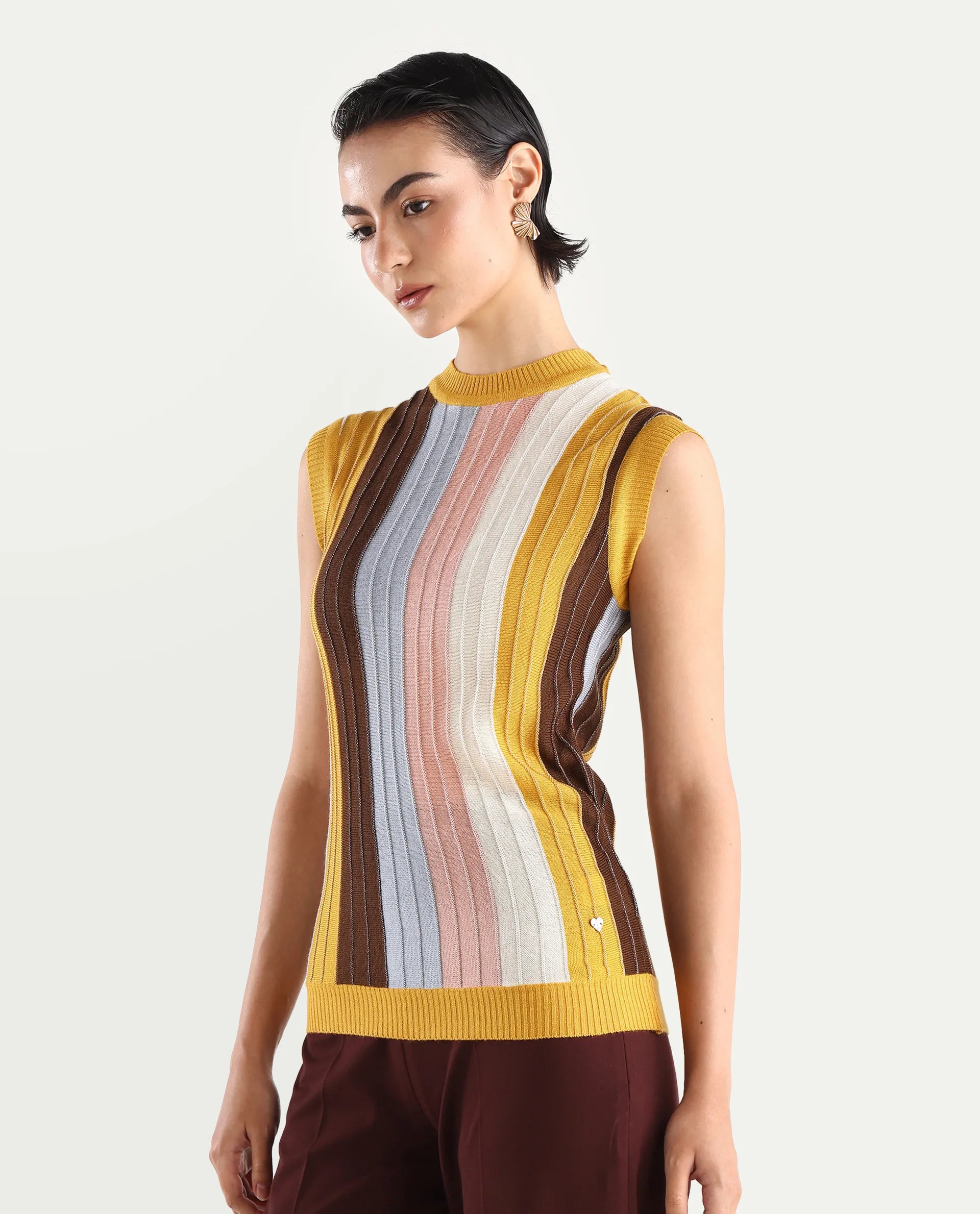 Rareism Women's Saronara Multi Acrylic Crew Neck Striped Sleeveless Regular Fit Top