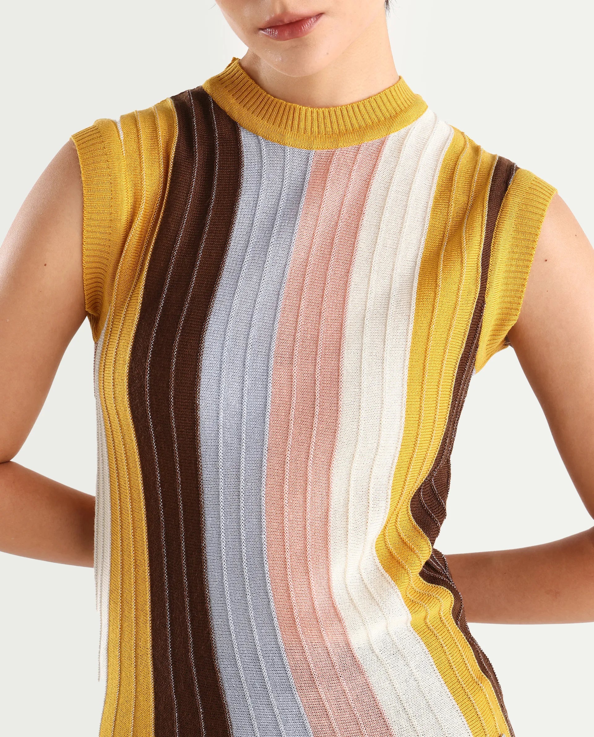 Rareism Women's Saronara Multi Acrylic Crew Neck Striped Sleeveless Regular Fit Top