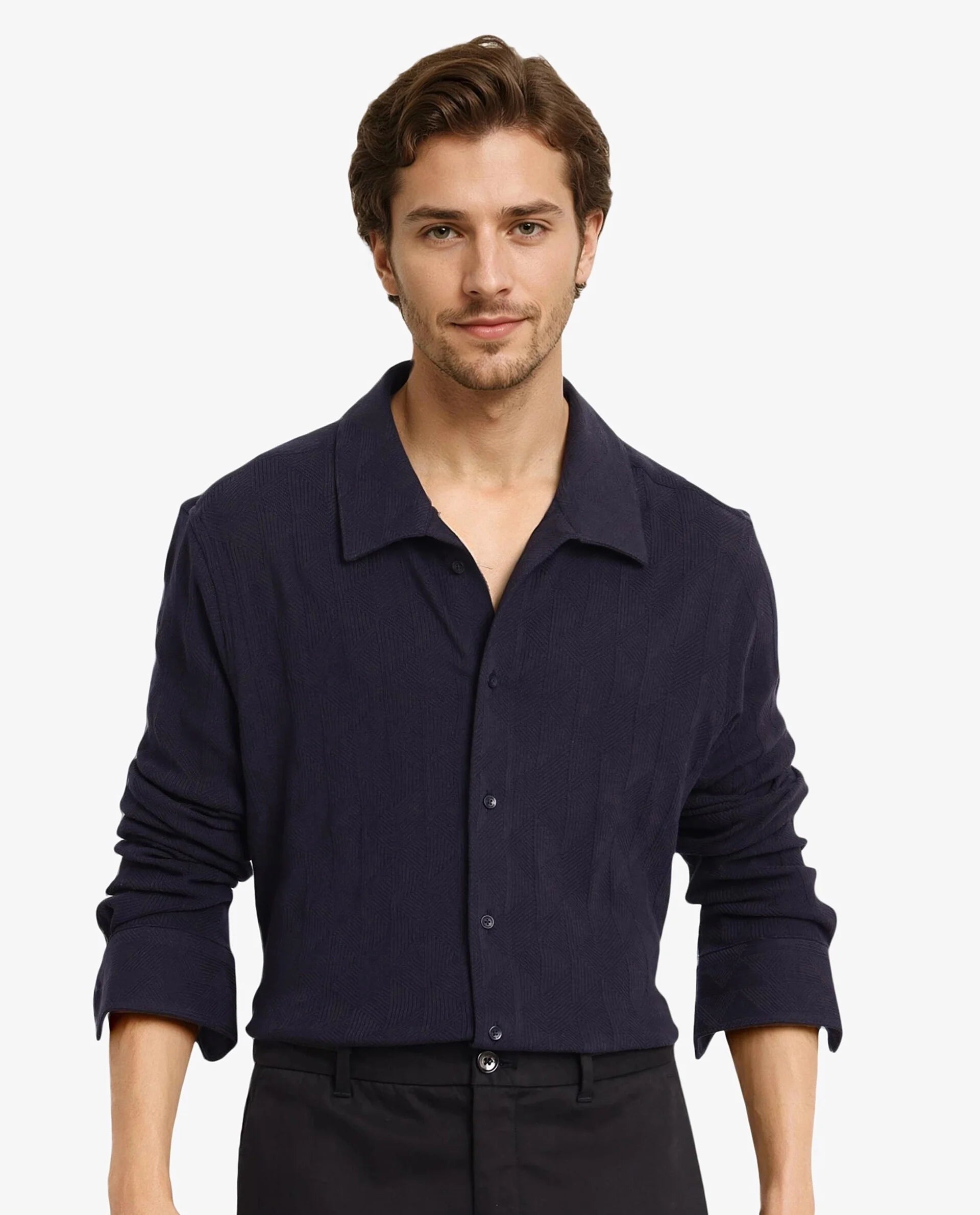 Rare Rabbit Men Sation Navy Full Sleeve Collared Neck Button Closure Regular Fit Jacquard Knit Shirt