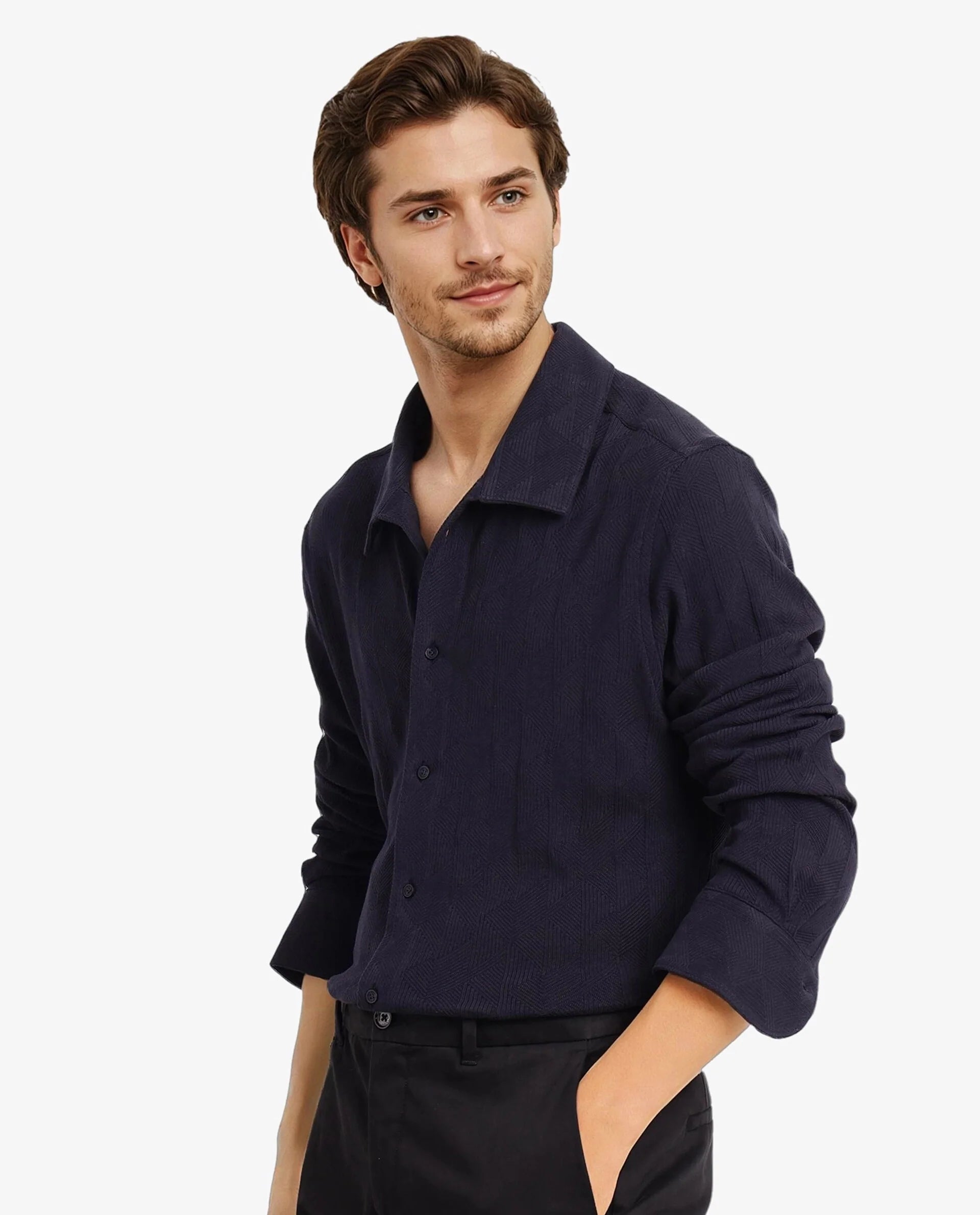 Rare Rabbit Men Sation Navy Full Sleeve Collared Neck Button Closure Regular Fit Jacquard Knit Shirt
