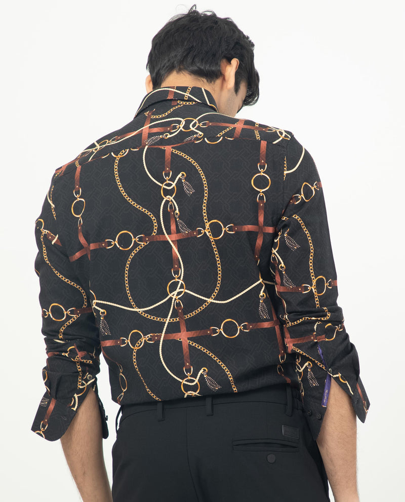 Rare Rabbit Men's Savor Black Cotton Viscose Fabric Geometric Print Full Sleeves Shirt