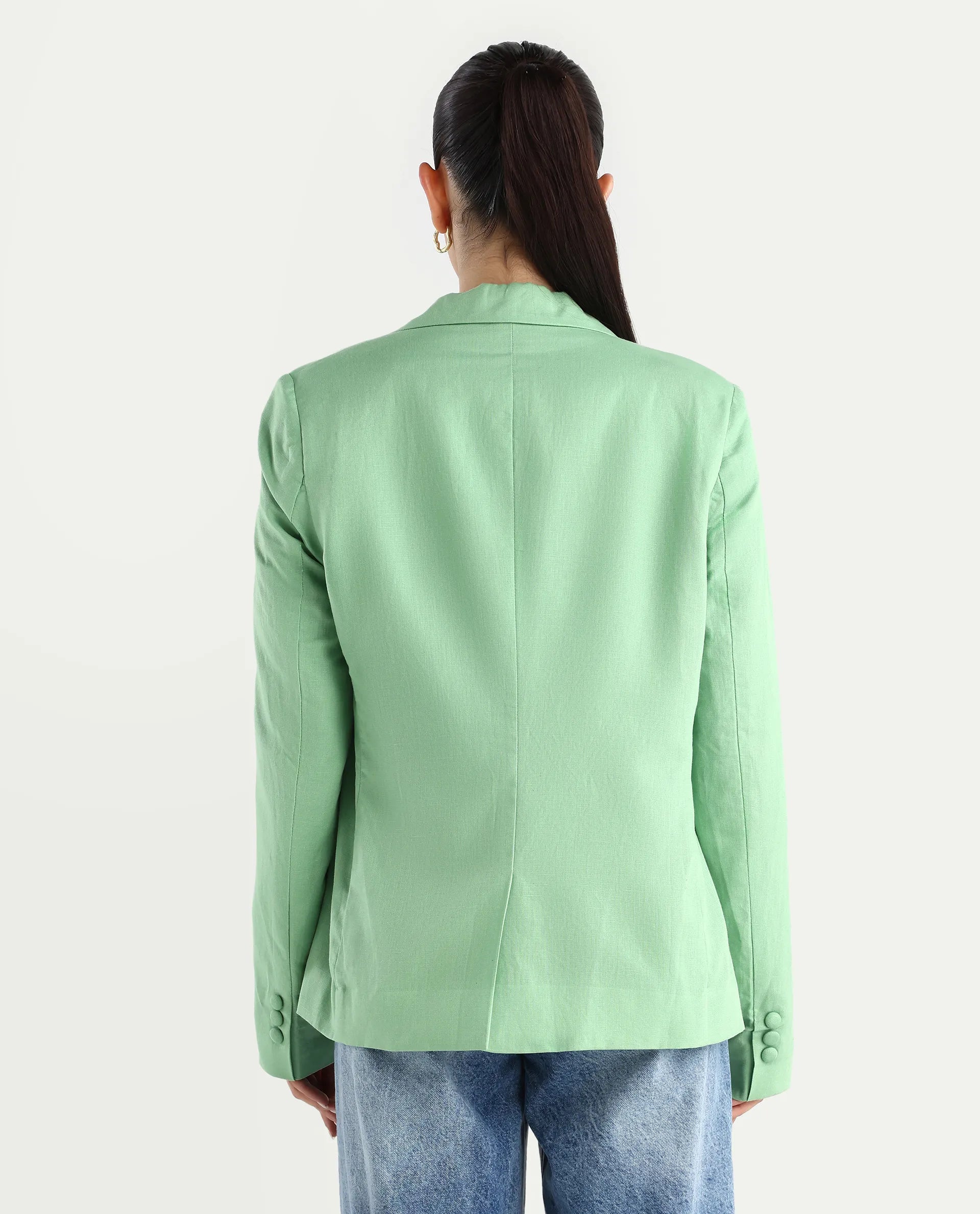 Rareism Women's Savriko Green Linen Lapel Neck Plain Regular Fit Blazer