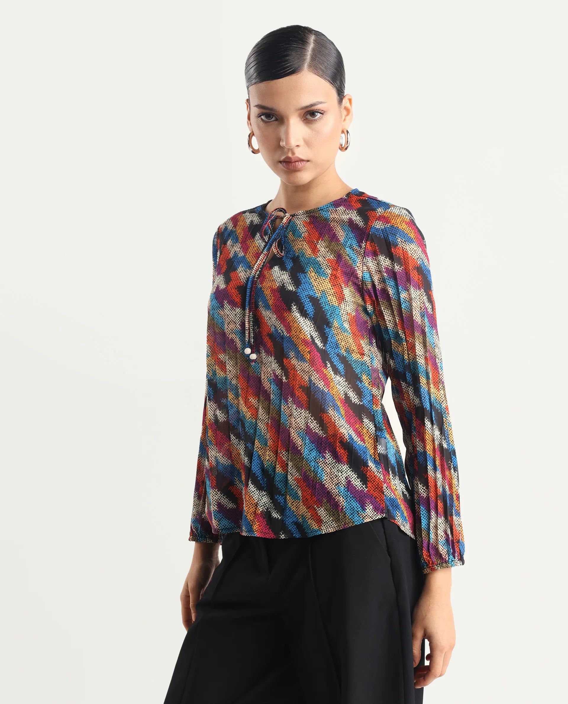 Rareism Women's Scooby Multi Polyester Tie-Up Neck Abstract Print Relaxed Fit Top