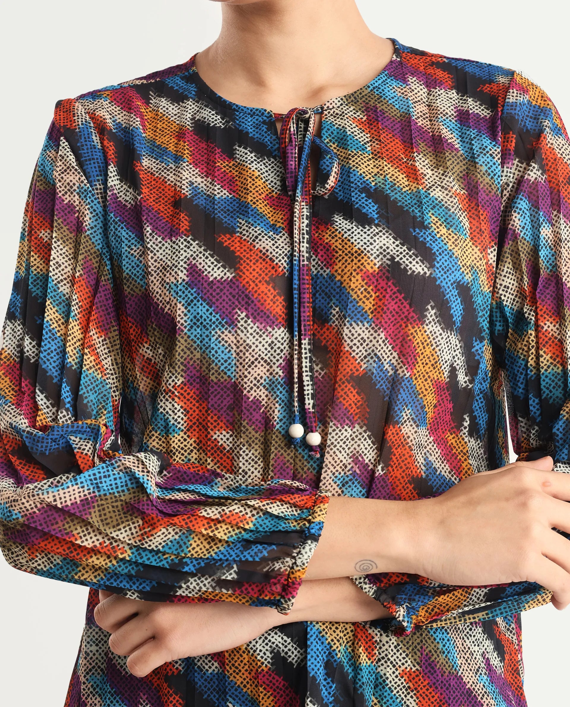 Rareism Women's Scooby Multi Polyester Tie-Up Neck Abstract Print Relaxed Fit Top