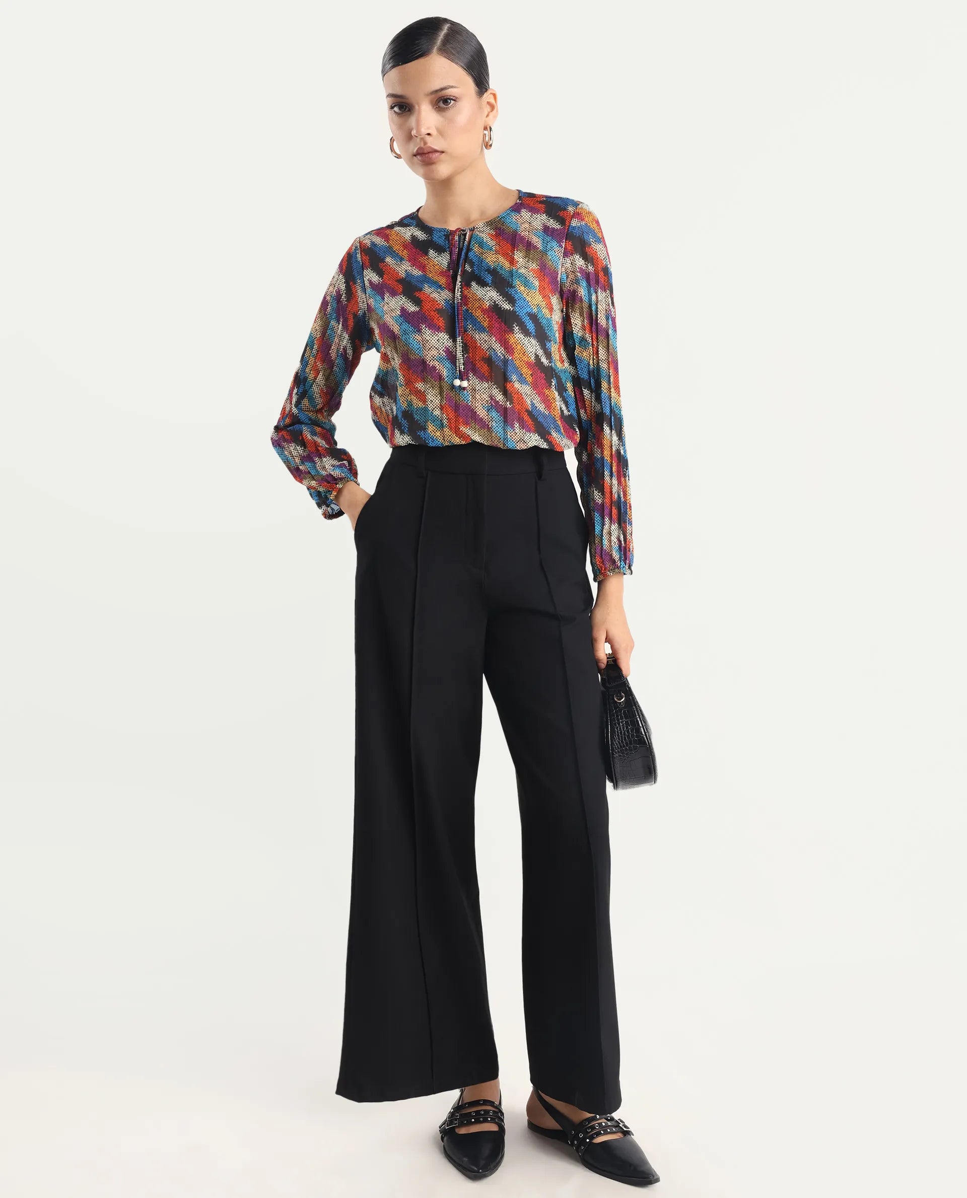 Rareism Women's Scooby Multi Polyester Tie-Up Neck Abstract Print Relaxed Fit Top