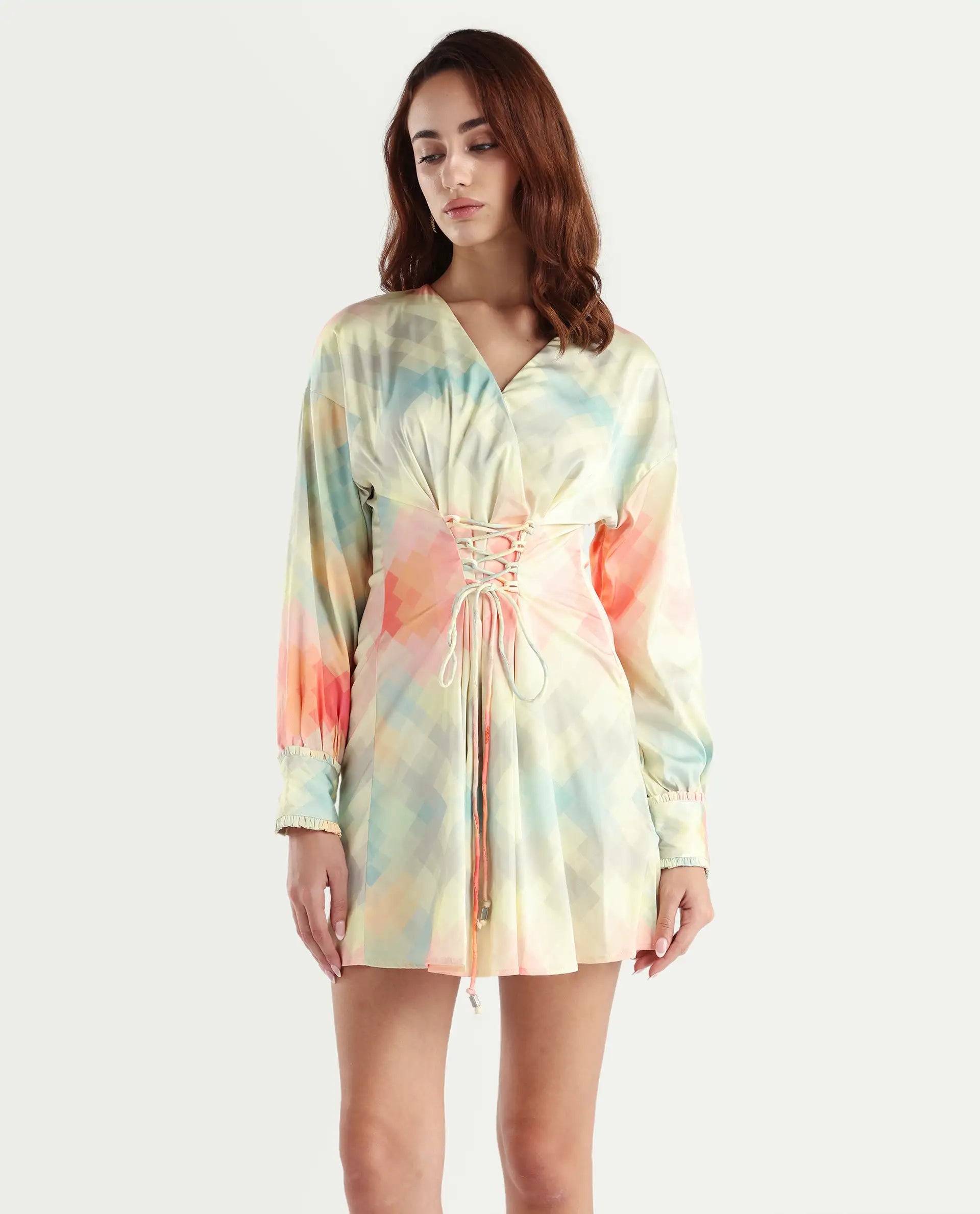 Rareism Women's Seattle Off White Modal Blend V-Neck Geometric Print Ruffled Sleeve Mini Regular Fit Dress