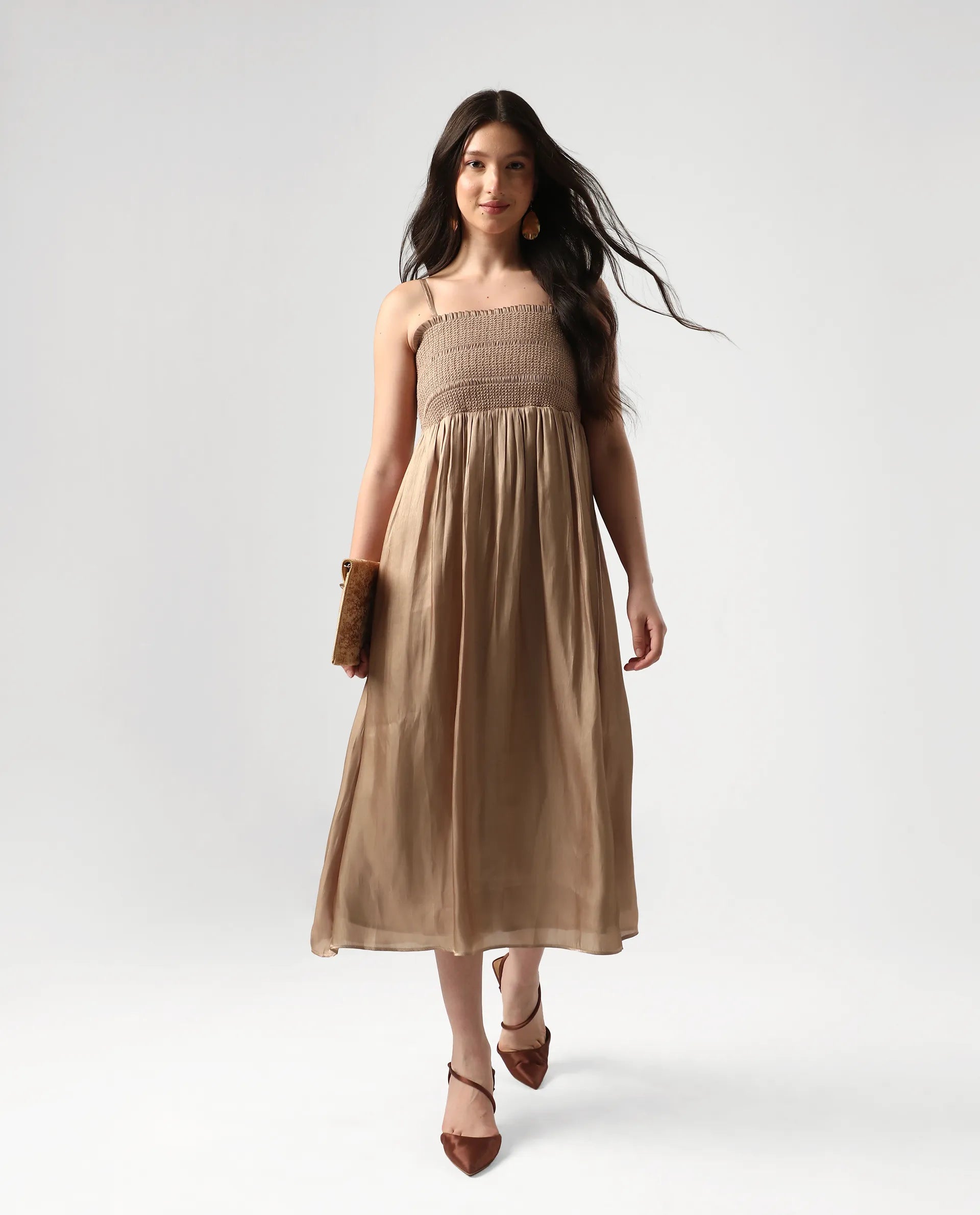 Rareism Women's Sem Gold Polyester Off Shoulder Plain Sleeveless Midi Fit And Flare Dress