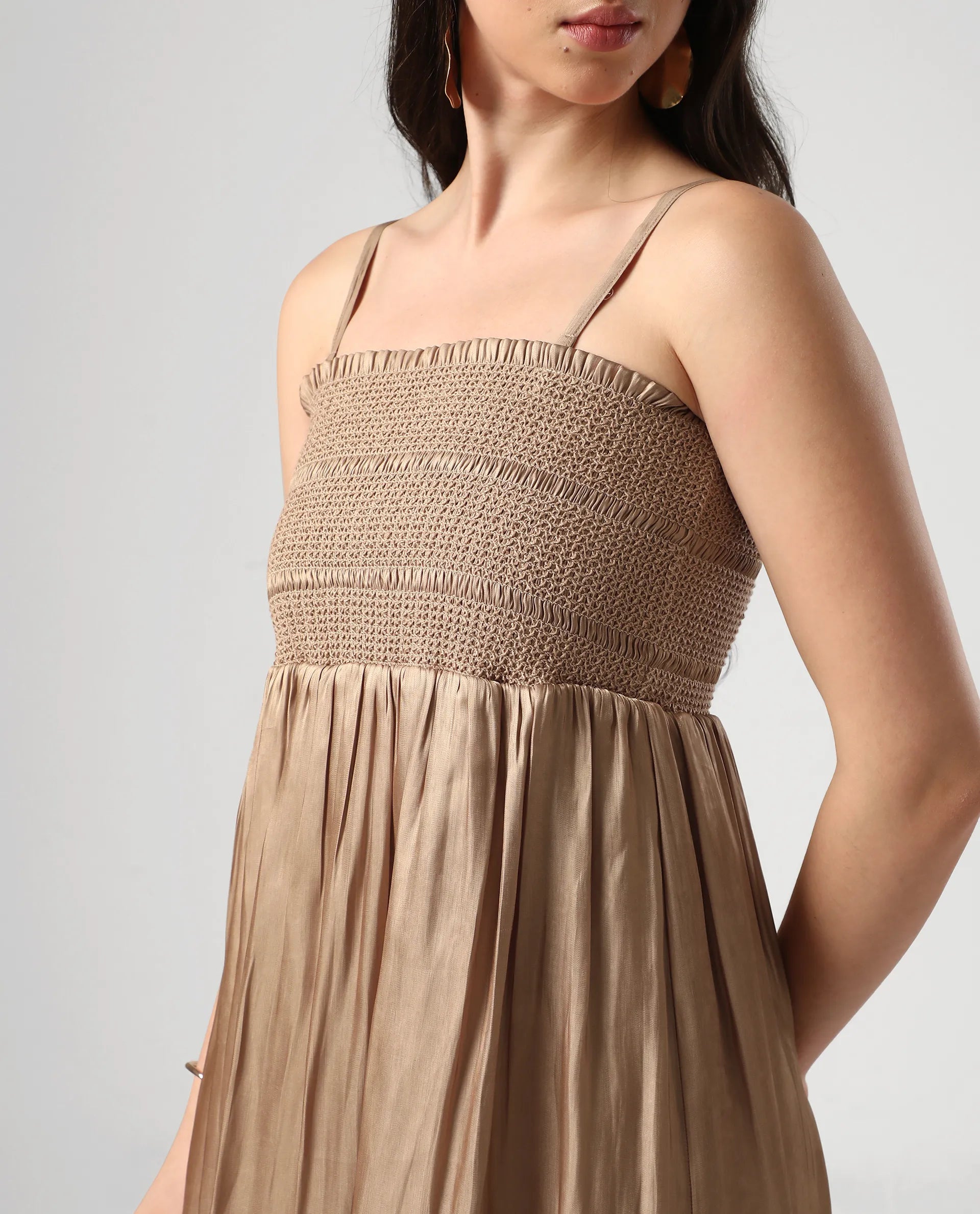 Rareism Women's Sem Gold Polyester Off Shoulder Plain Sleeveless Midi Fit And Flare Dress