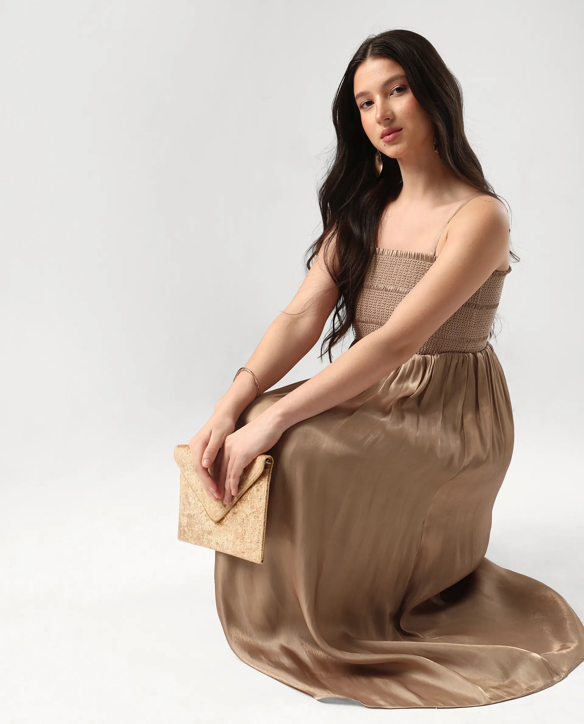 Rareism Women's Sem Gold Polyester Off Shoulder Plain Sleeveless Midi Fit And Flare Dress