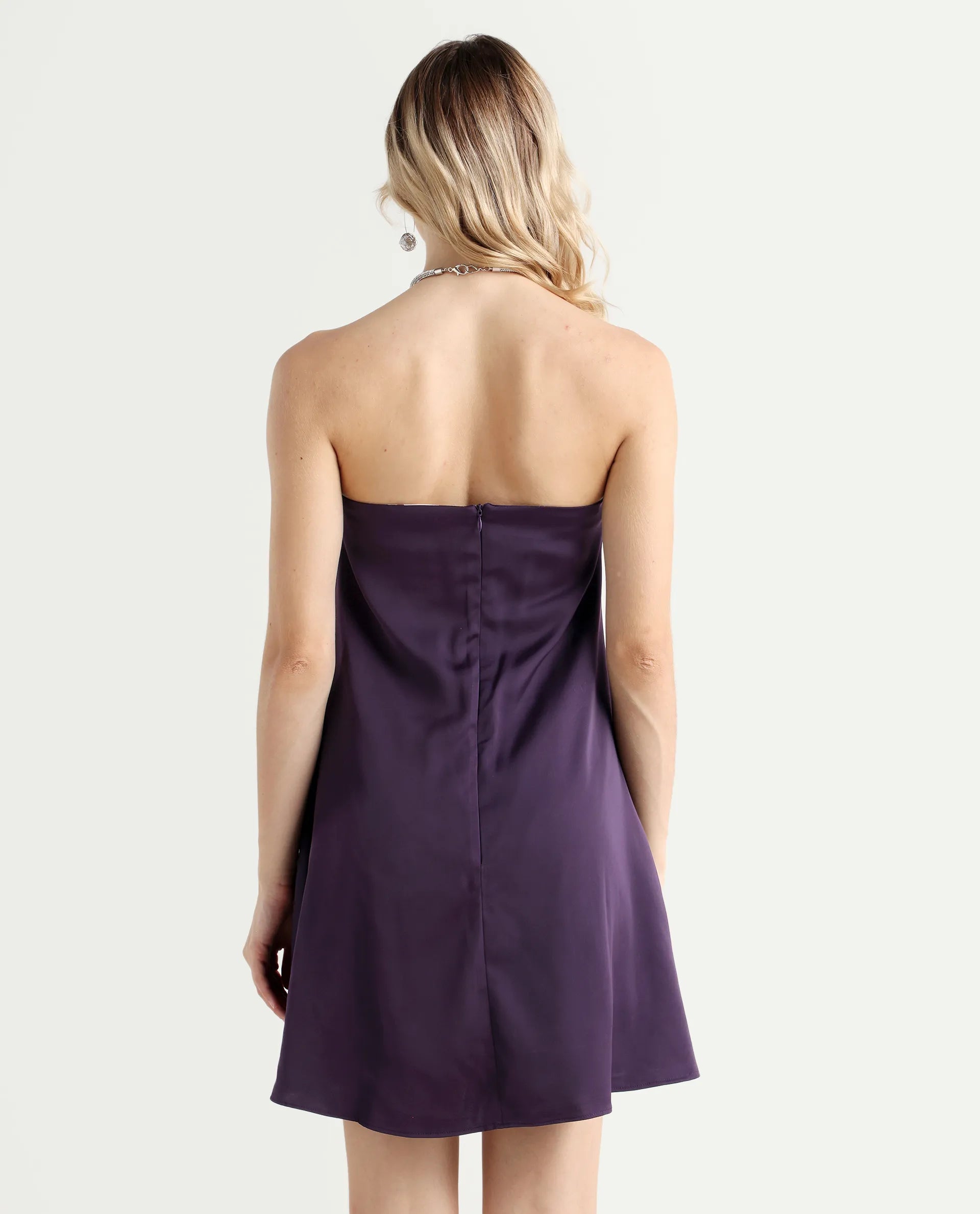 Rareism Women's Setar Purple Satin Halter Neck Plain Sleeveless Mini Flared Dress