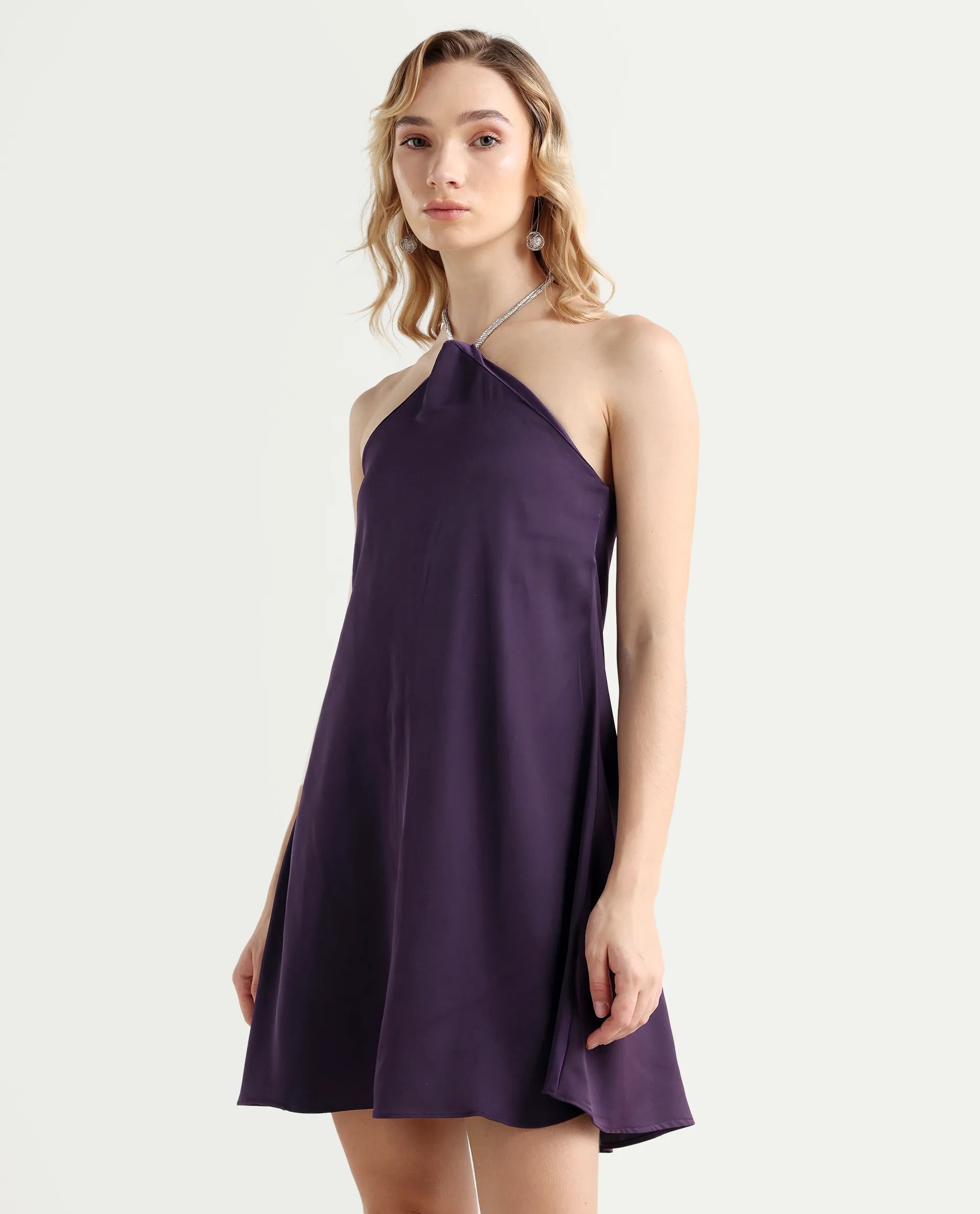 Rareism Women's Setar Purple Satin Halter Neck Plain Sleeveless Mini Flared Dress