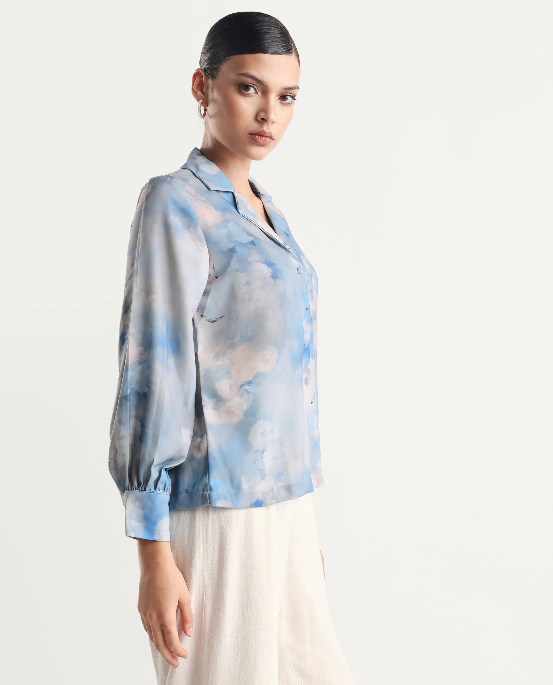 Rareism Women's Setecannet Blue Cotton Lapel Neck Floral Print Bishop Sleeve Regular Fit Top