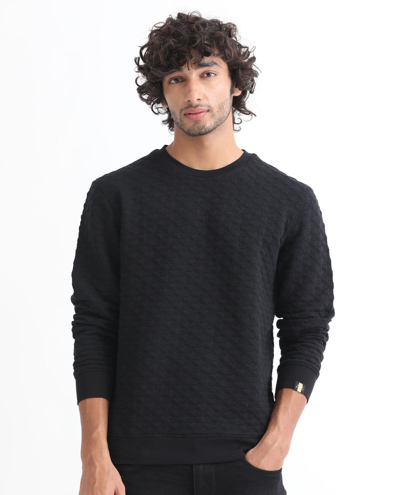 RARE RABBIT MENS SHIELD BLACK SWEATSHIRT POLYESTER COTTON LYCRA FABRIC ROUND NECK KNITTED FULL SLEEVES COMFORTABLE FIT