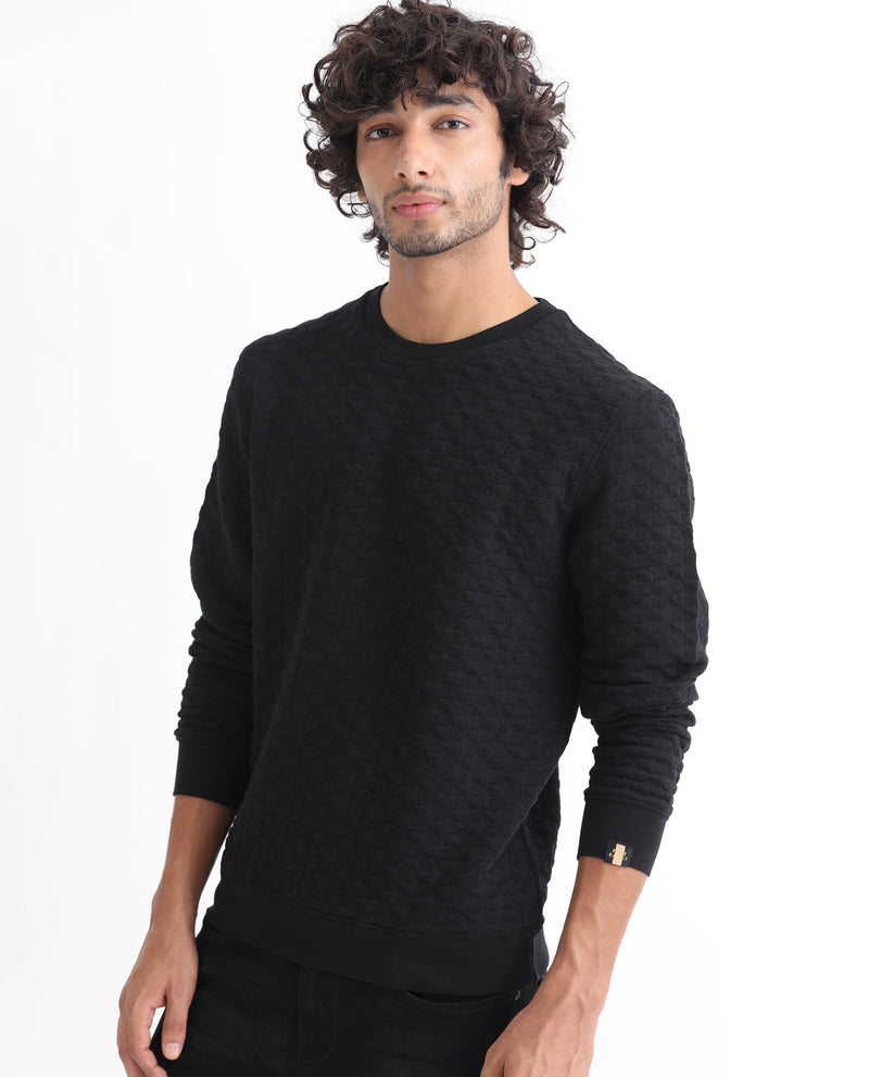 RARE RABBIT MENS SHIELD BLACK SWEATSHIRT POLYESTER COTTON LYCRA FABRIC ROUND NECK KNITTED FULL SLEEVES COMFORTABLE FIT
