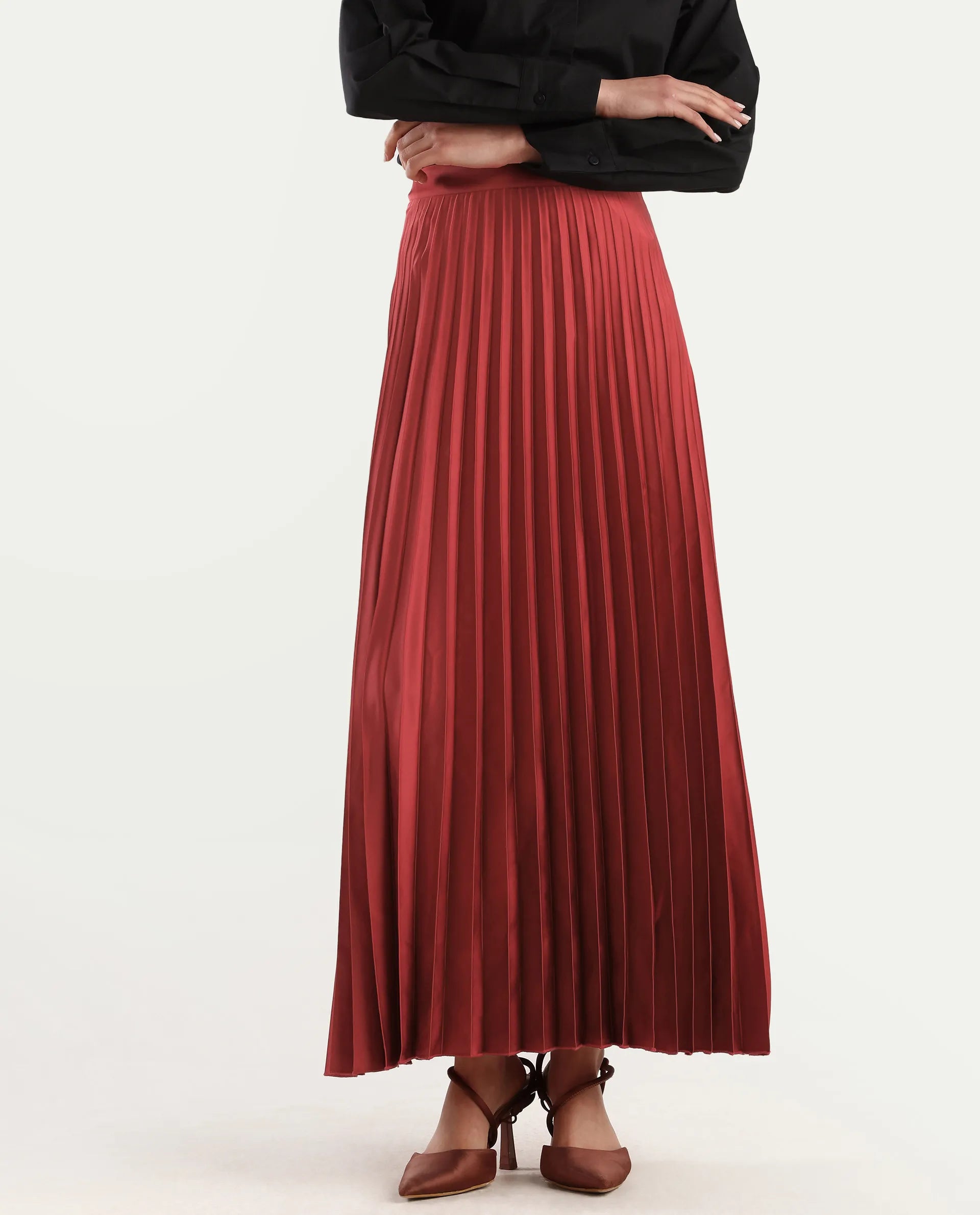 Rareism Women's Shilton Maroon Polyester Plain Ankle Length Regular Fit Skirt