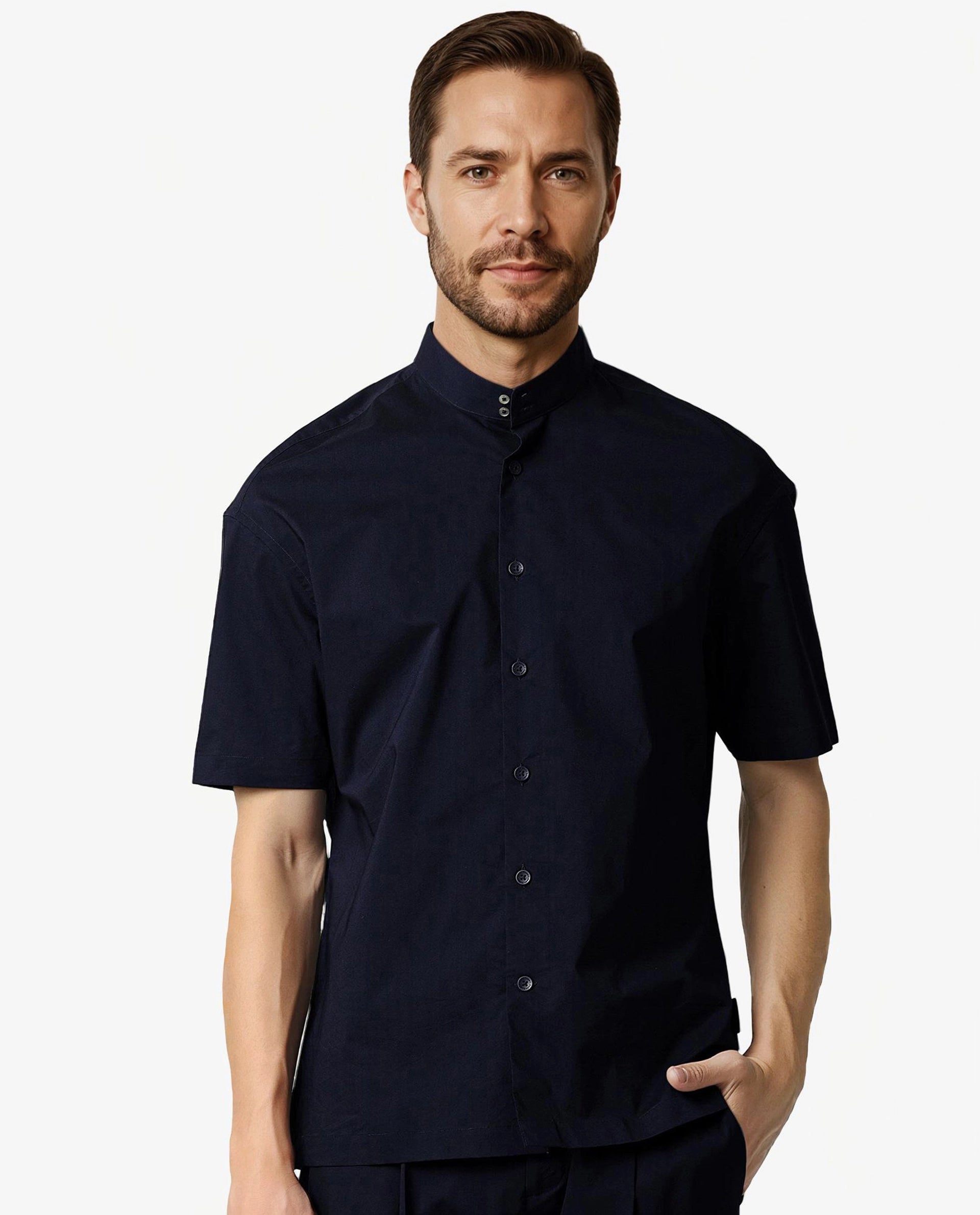 Rare Rabbit Men's Shiro Navy Poplin High Neck Mandarin Collar Half Sleeves Solid Shirt