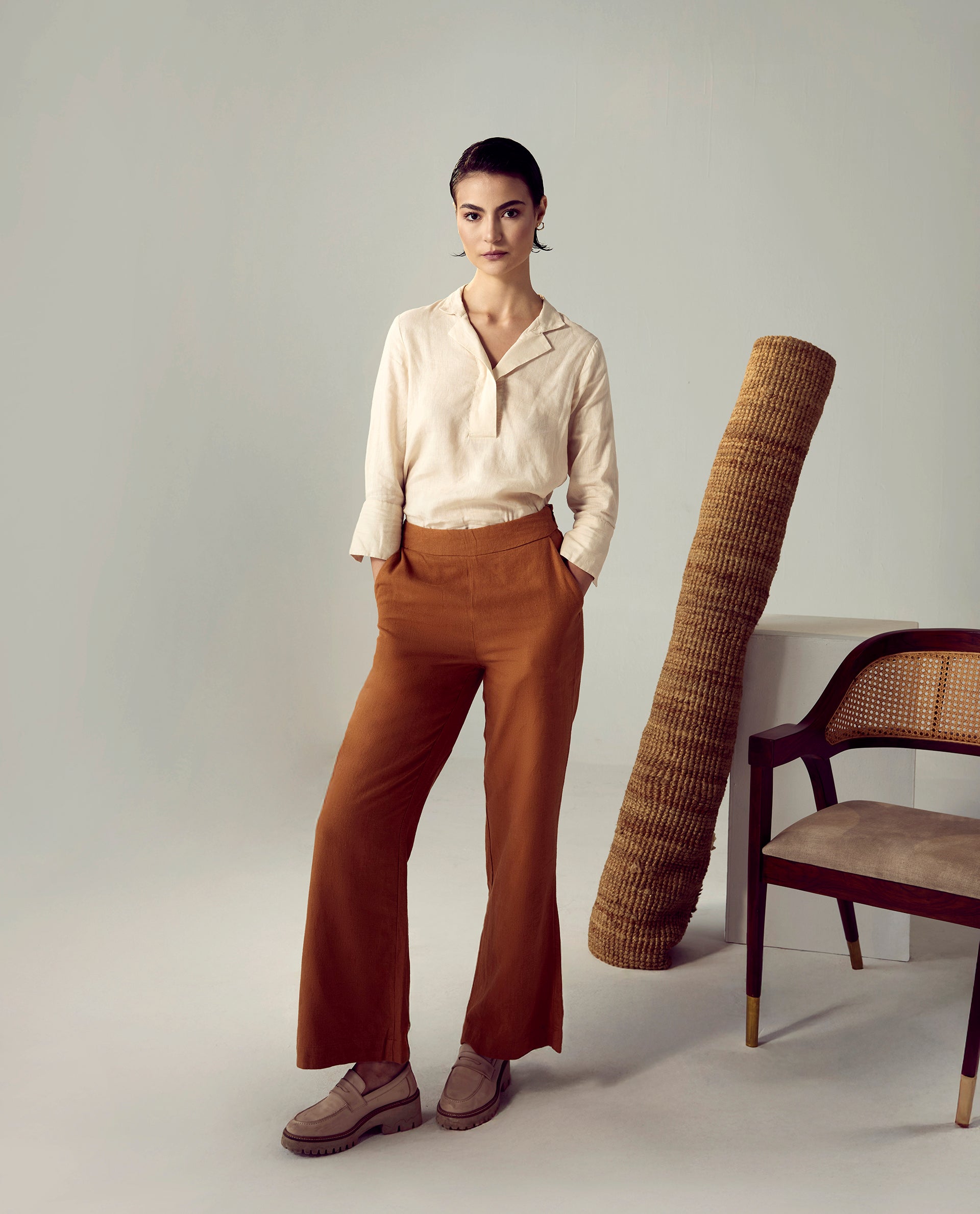 Rareism Women's Laos Pastel Beige Cotton Blend V-Neck Plain Regular Fit Top