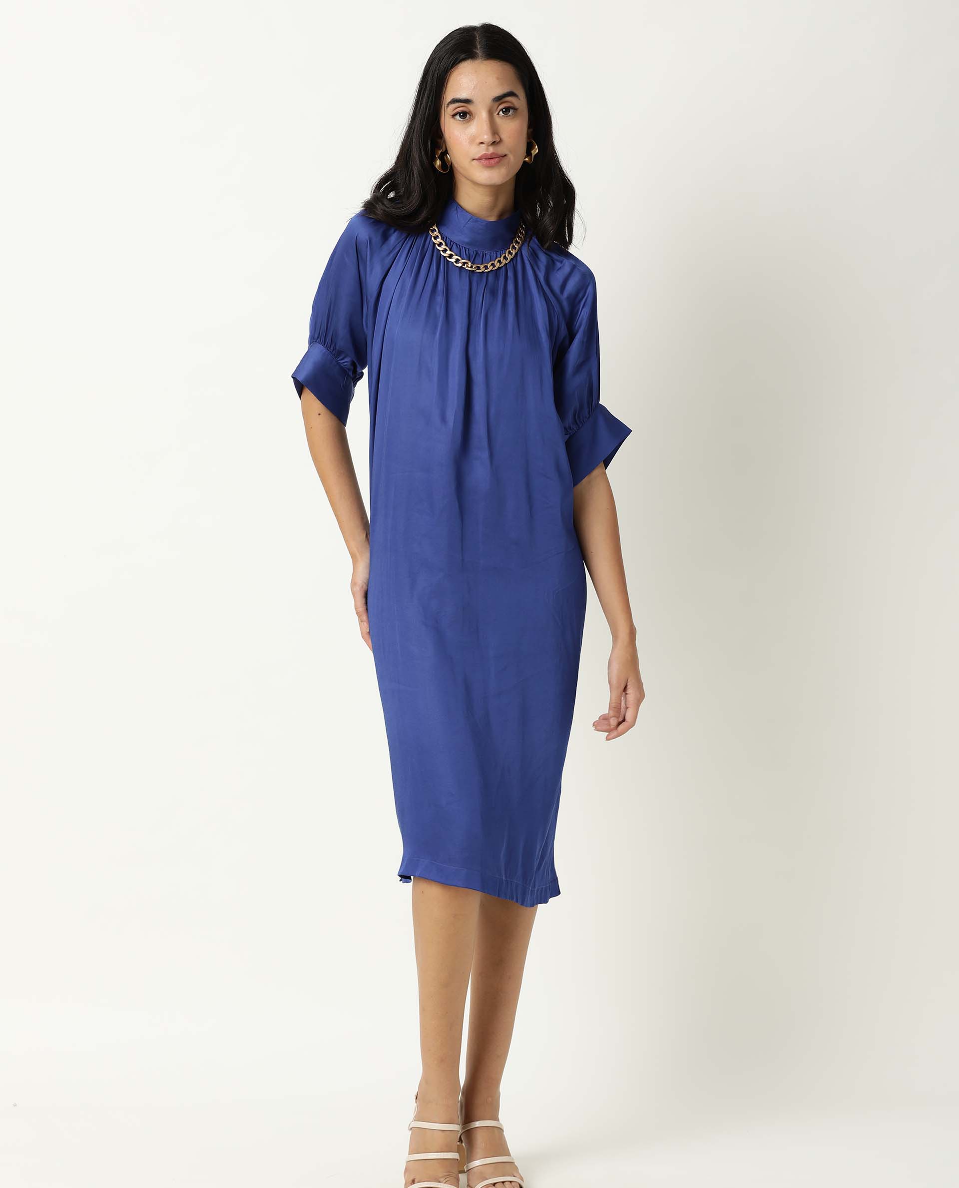 Rareism Women Shiver Dark Blue High Neck With Gathers Raglan Sleeves With Puff And Side Slit Knee Length Dress