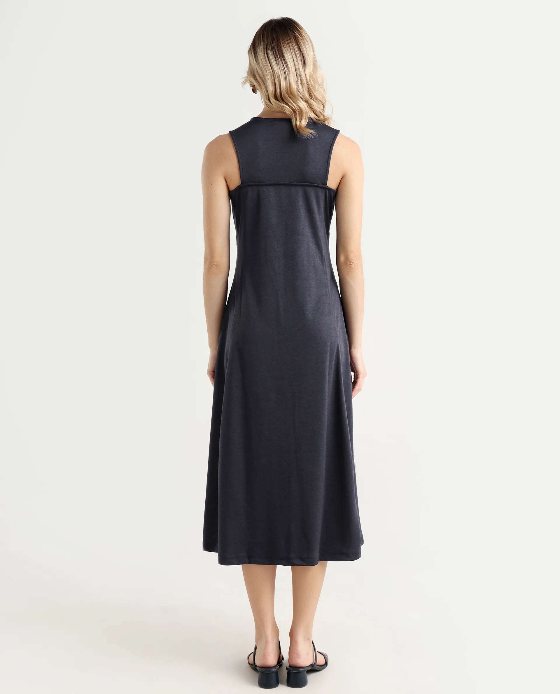 Rareism Women's Shoko Dark Blue Polyester Crew Neck Plain Sleeveless Midi A-Line Dress