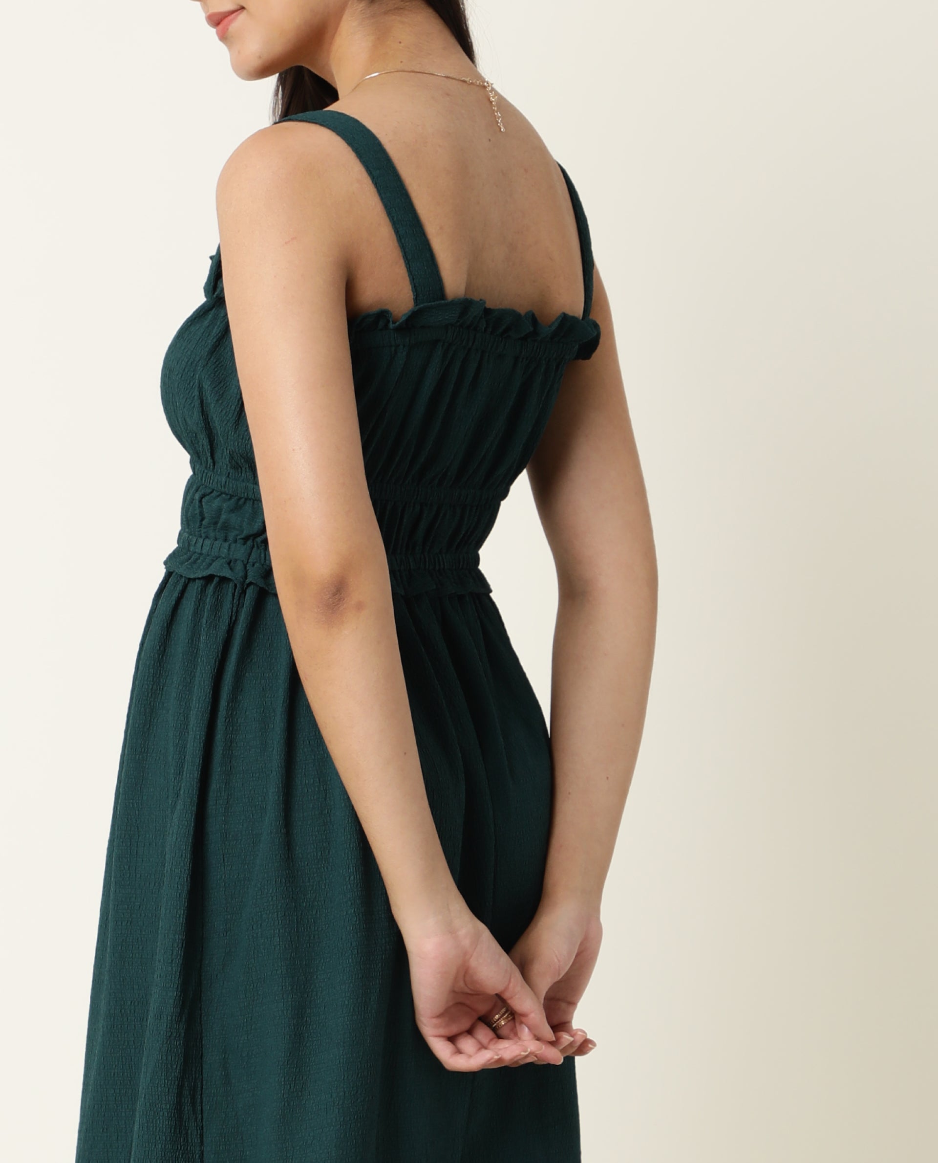 Rareism Women Sickle Green Broad Shoulder Detachable Straps Square Neck Smocking Chest Detail With Ruffled Hem Midi Dress