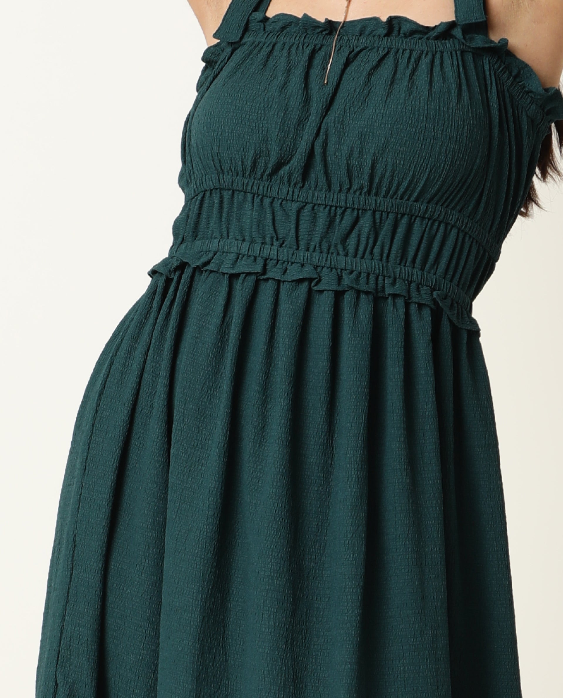 Rareism Women Sickle Green Broad Shoulder Detachable Straps Square Neck Smocking Chest Detail With Ruffled Hem Midi Dress