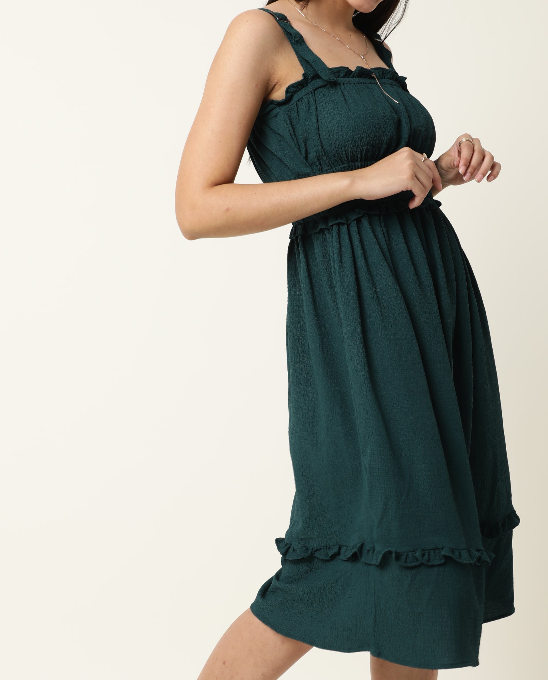 Rareism Women Sickle Green Broad Shoulder Detachable Straps Square Neck Smocking Chest Detail With Ruffled Hem Midi Dress