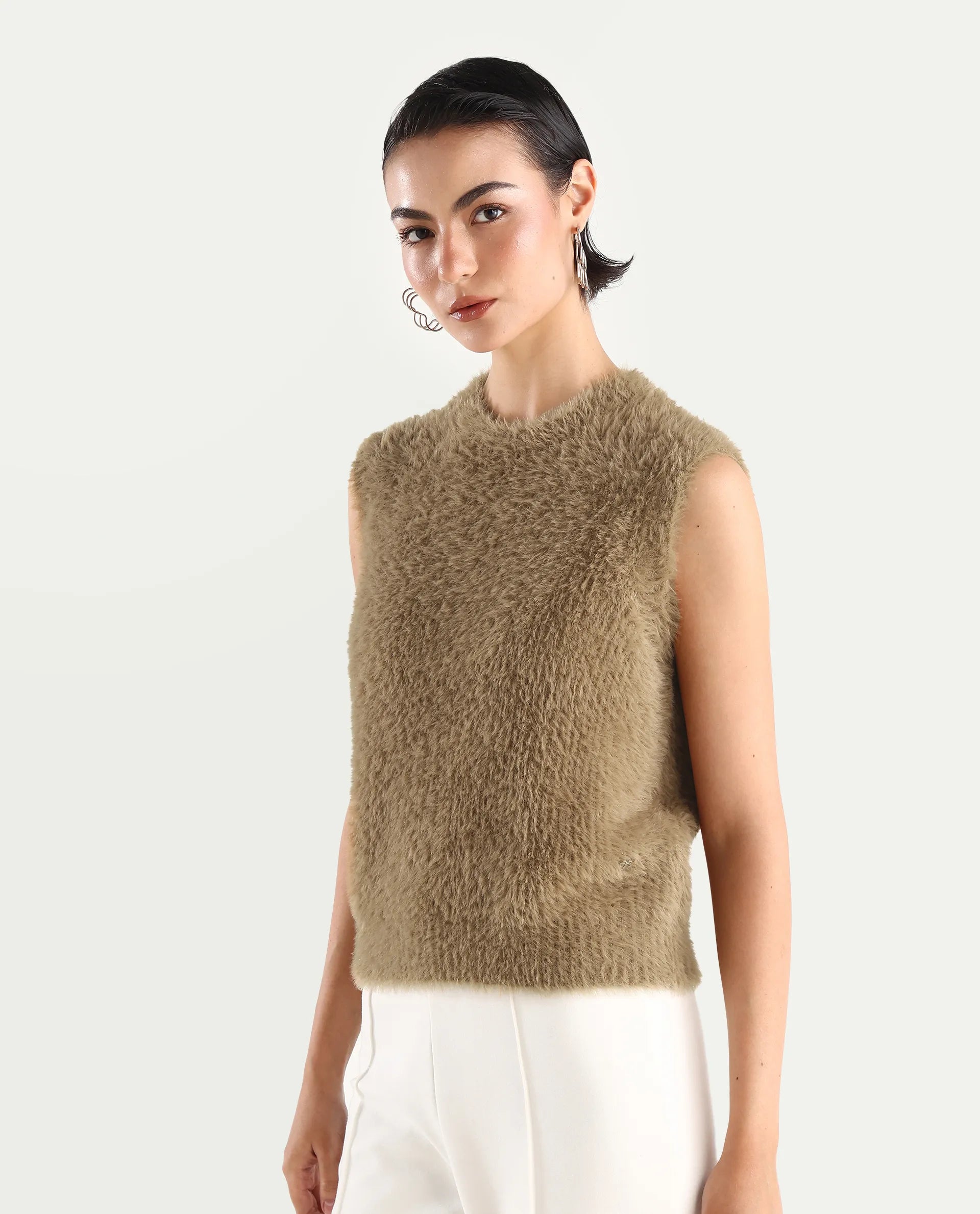 Rareism Women's Sielo Dark Beige Nylon Crew Neck Plain Sleeveless Relaxed Fit Sweater